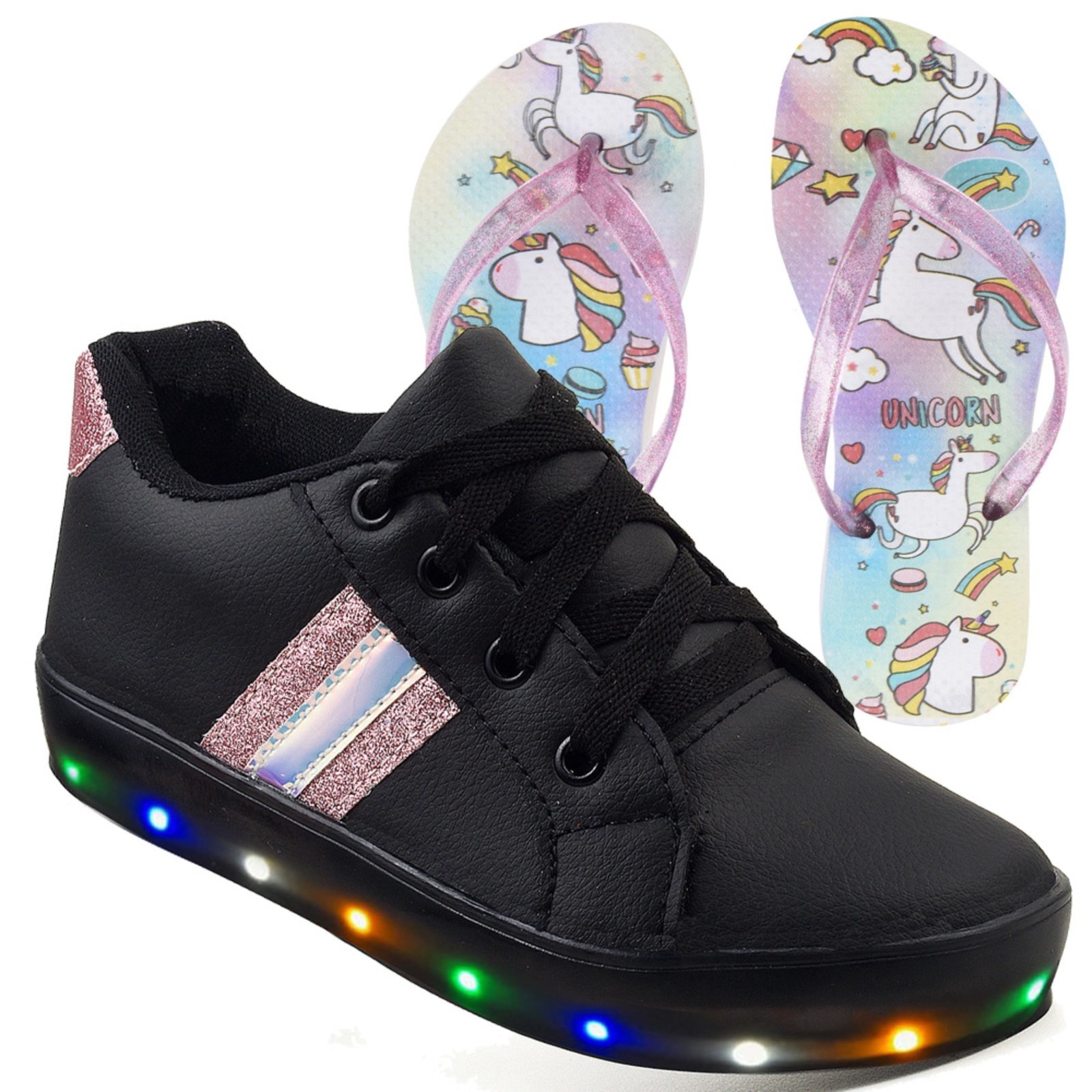 Infantil – Kit Tênis De Led Preto Meninas Brilhante Chinelo