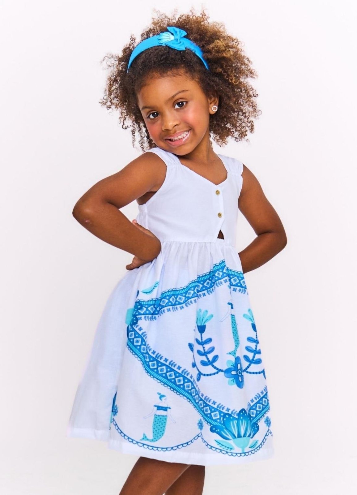 Infantil - Vestido Estampa Oceano Florido Detalhe em Azul Branco