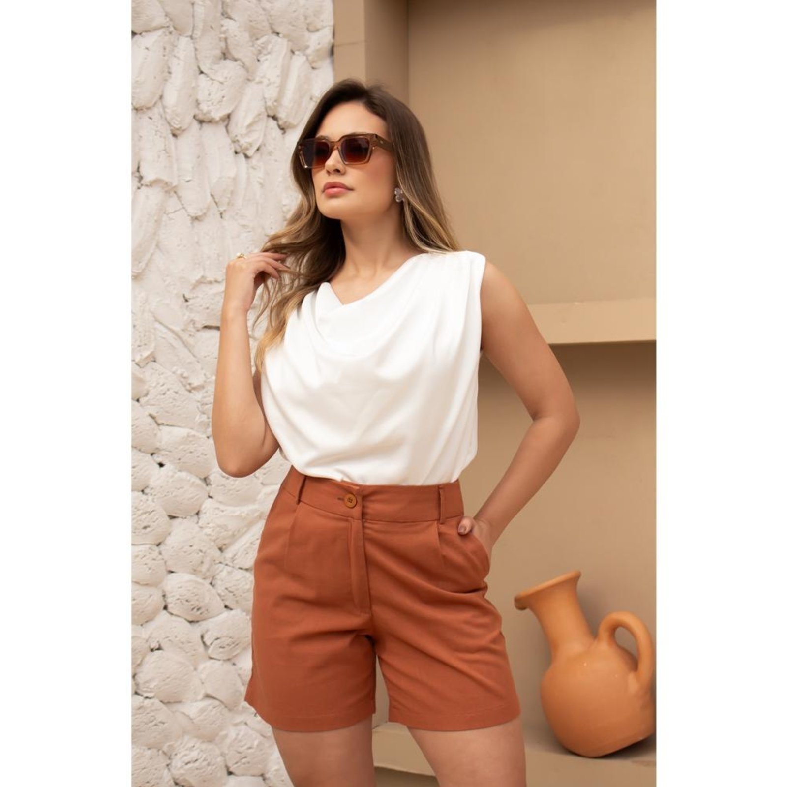 Vista 3 Blusa Feminina Tipo Seda Gola Drapeada Sofisticada Elegante TEODORO CAMISARIA branco TEODORO CAMISARIA branco