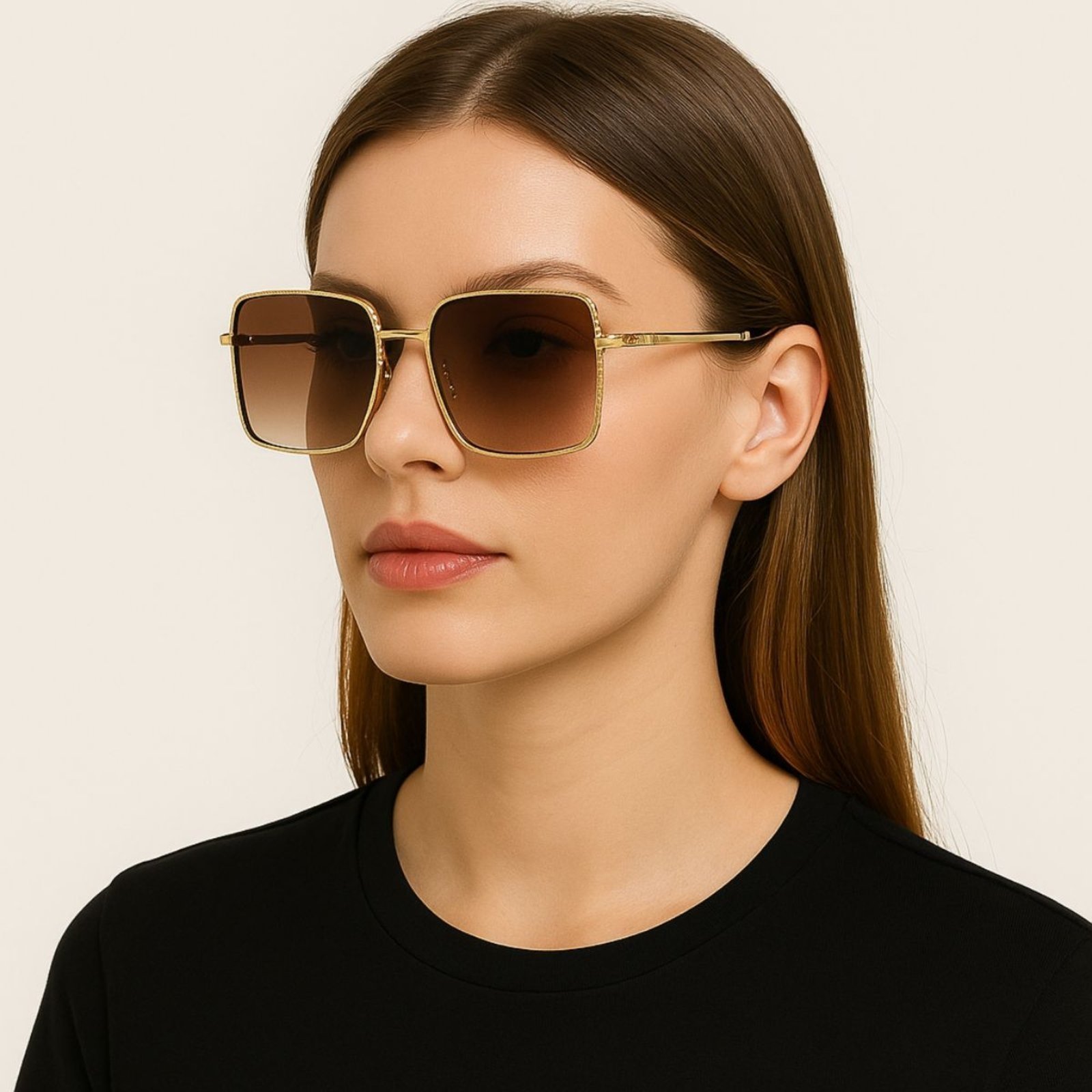 Óculos de Sol Feminino Dourado Quadrado Lente Marrom UV400