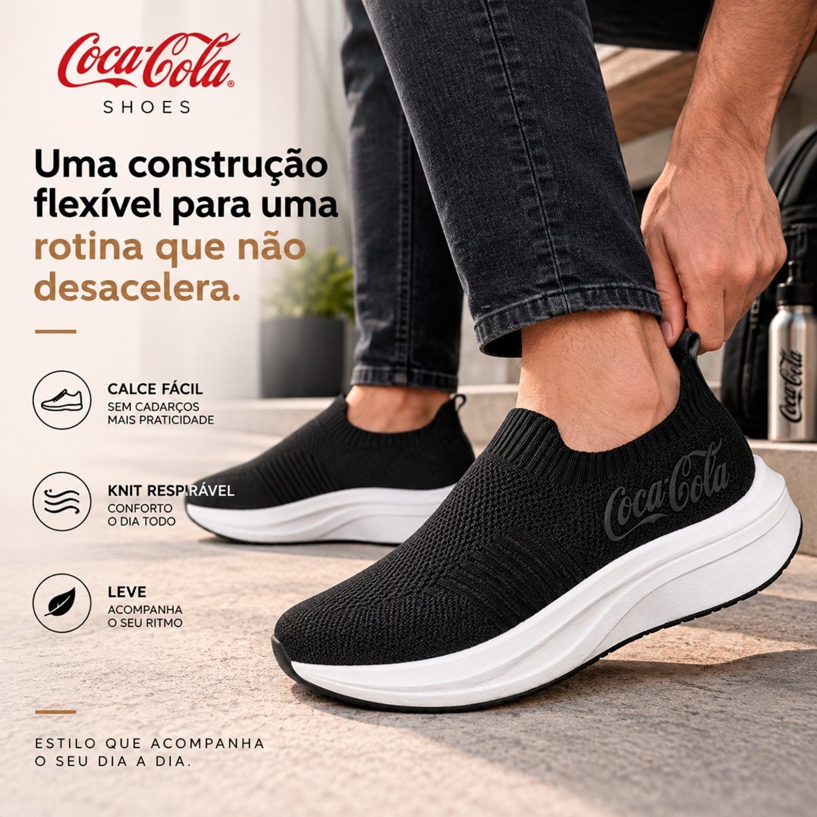 Tênis Masculino Coca Cola Slip On Casual Knit Better Elástico Flexível Calce Fácil Preto