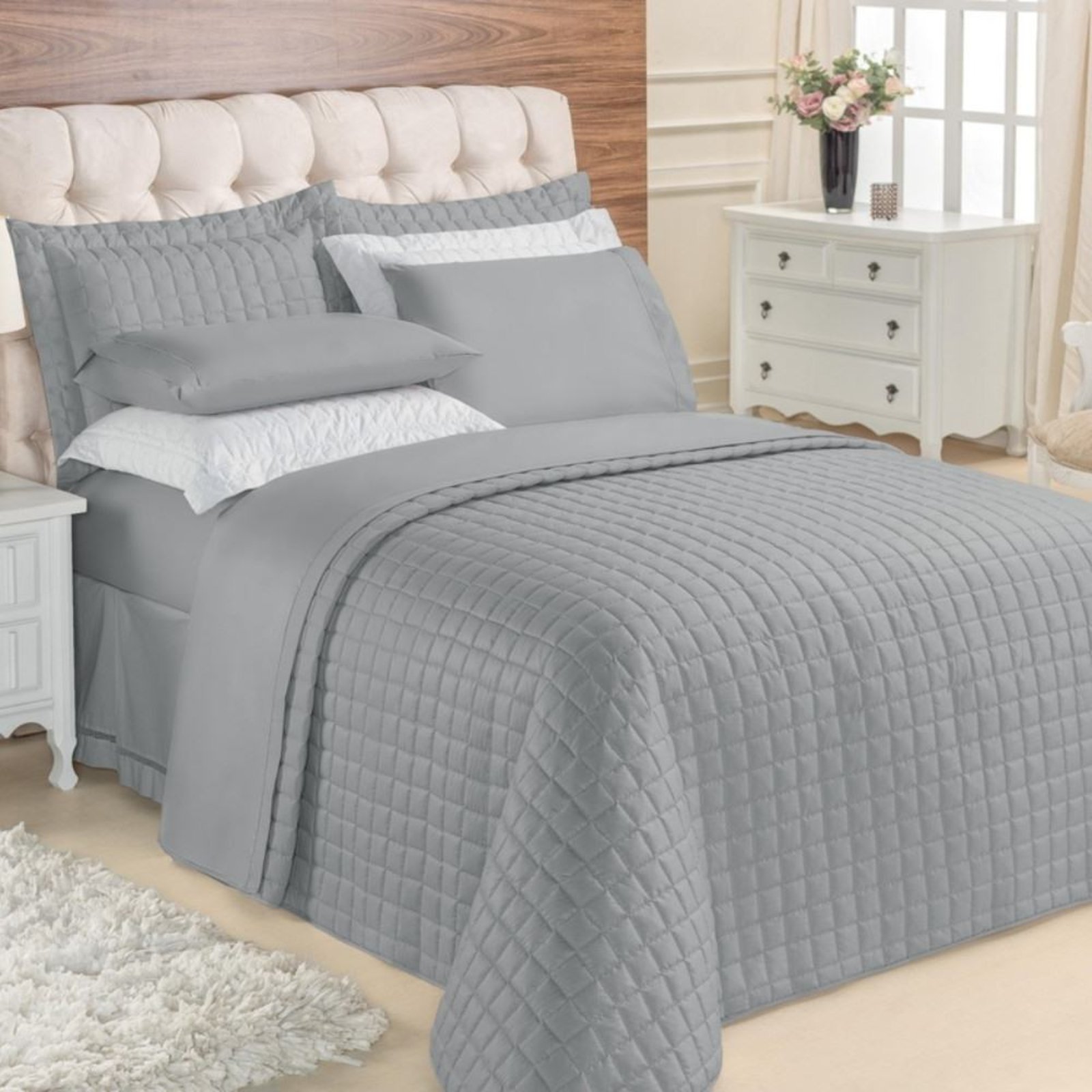 Kit Cobre Leito Queen Casa Modelo Enxovais com Jogo de Lençol Top Line 7 Peças Cinza