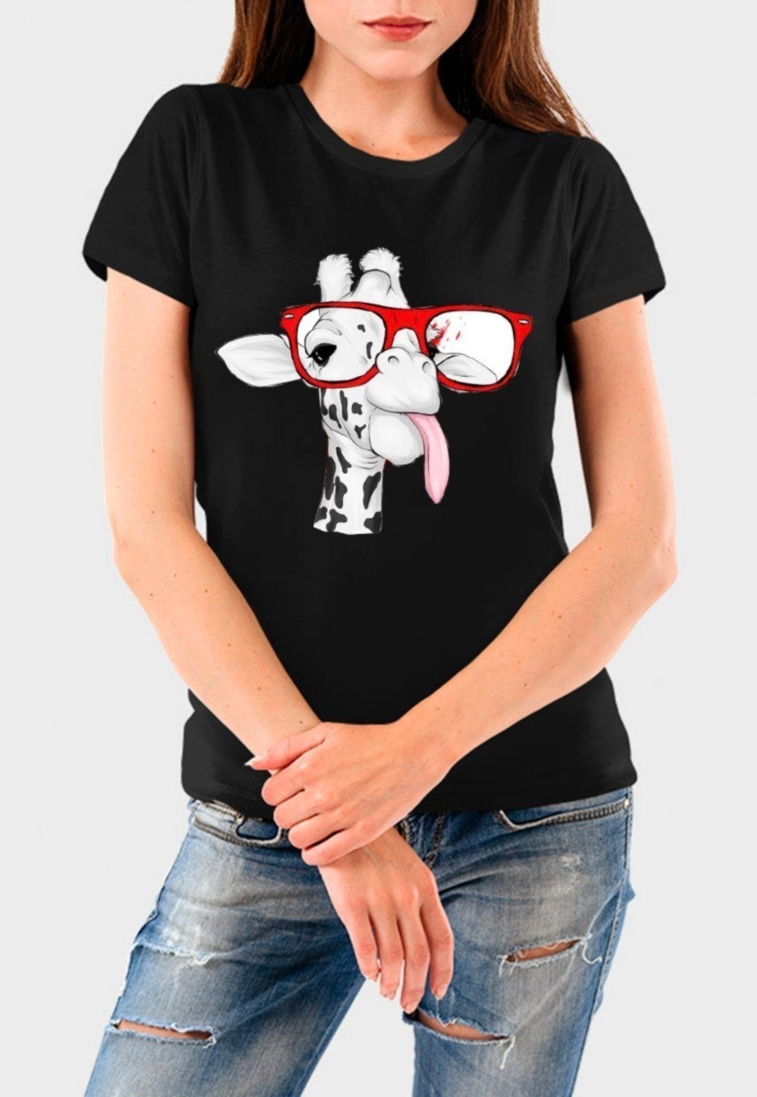 Vista 2 Camiseta Feminina Preta Girafa Algodão Premium Benellys preto Benellys preto