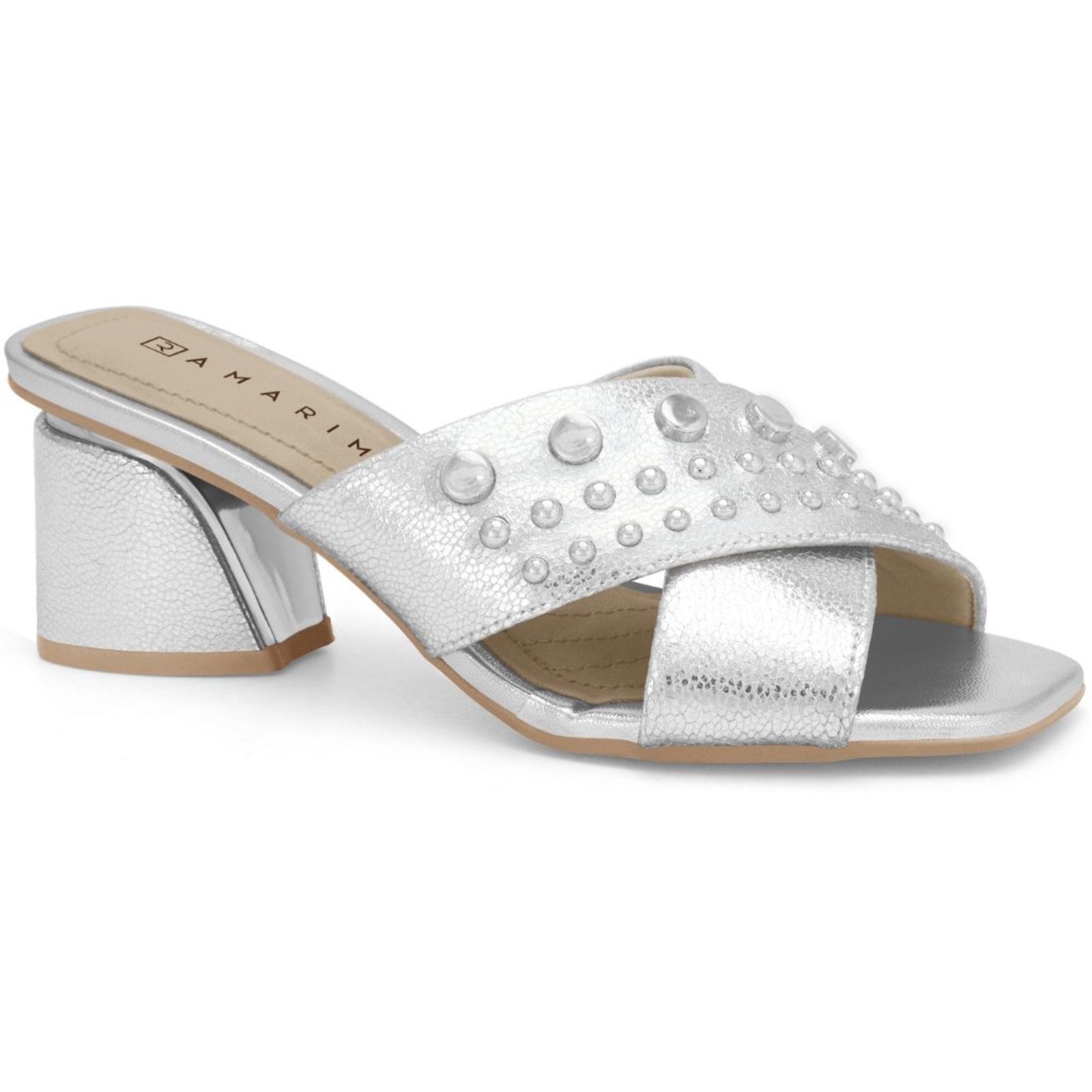 Tamanco Feminino Prata Tachas Salto Bloco Ramarim 2428207-1