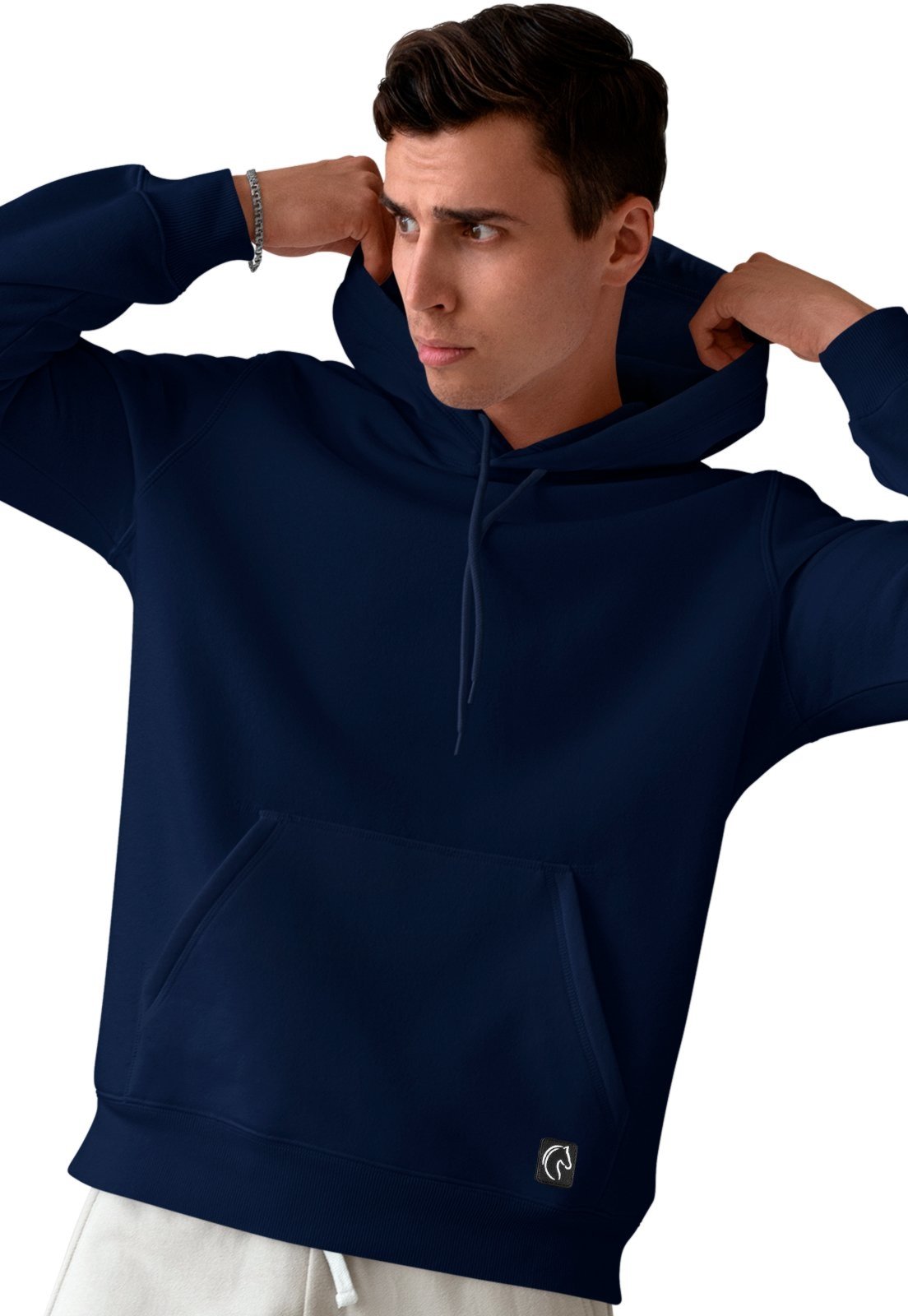 Blusa De Frio Masculina W2 Moletom Liso Com Capuz e Bolso Canguru Felpado Azul Marinho