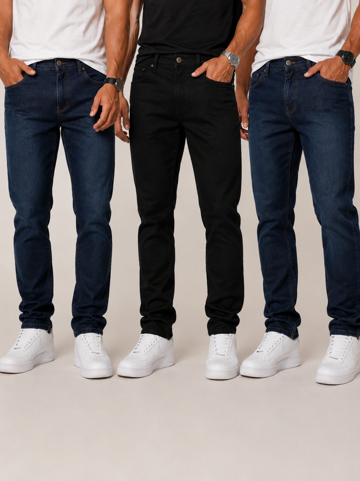 Kit 3 Calças Jeans Masculinas TEX JEANS Conforto Premium Azul Escura Preta