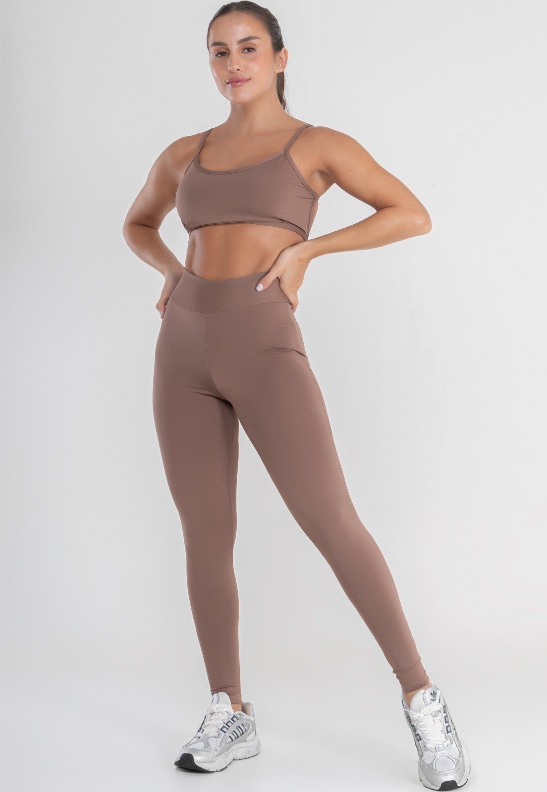 Conjunto Fitness Gringa Feminino Bravaa Store Academia Calça Legging Top Decote 080+124 Castanho