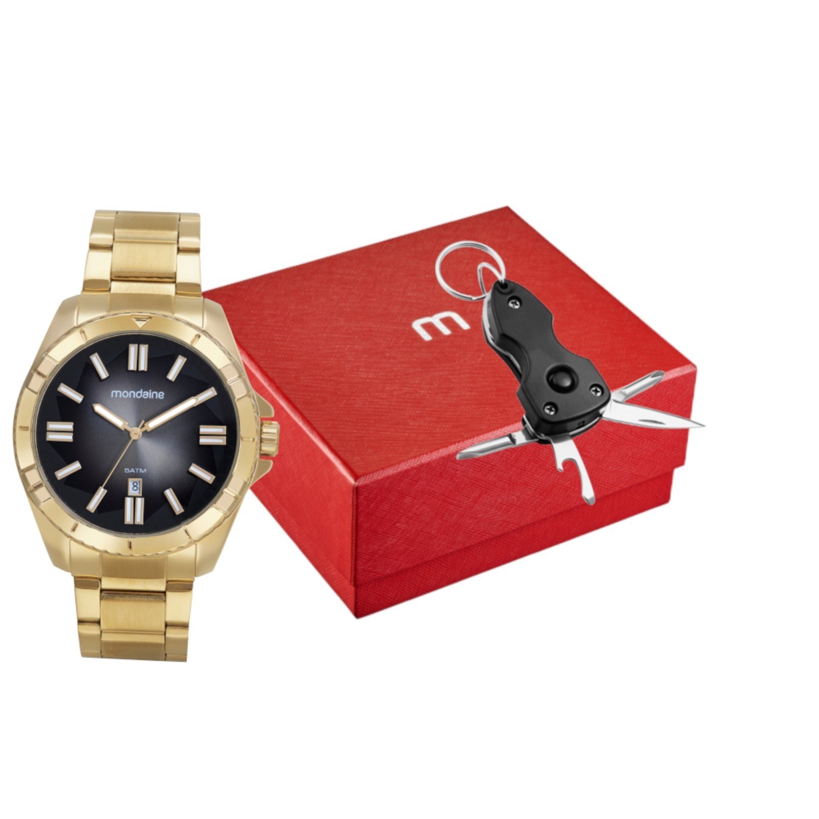 Kit Relógio Masculino Dourado Com Chaveiro Multifunção Mondaine
