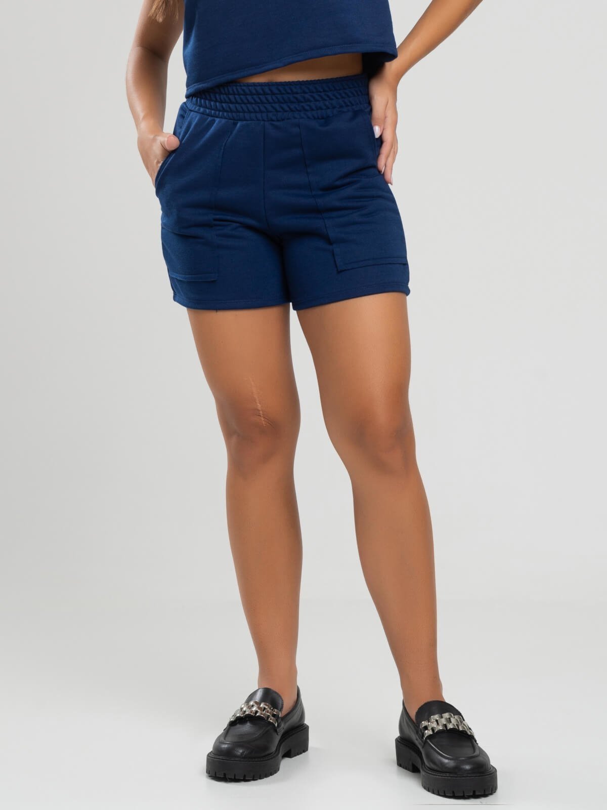 Short Curto Vicbela Cintura Alta Moletinho Azul Marinho