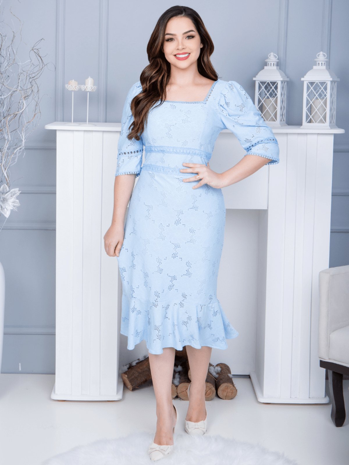 Vestido Midi Justo Social Malha Lese Elegante Manga 3/4 Festa Casamento Azul