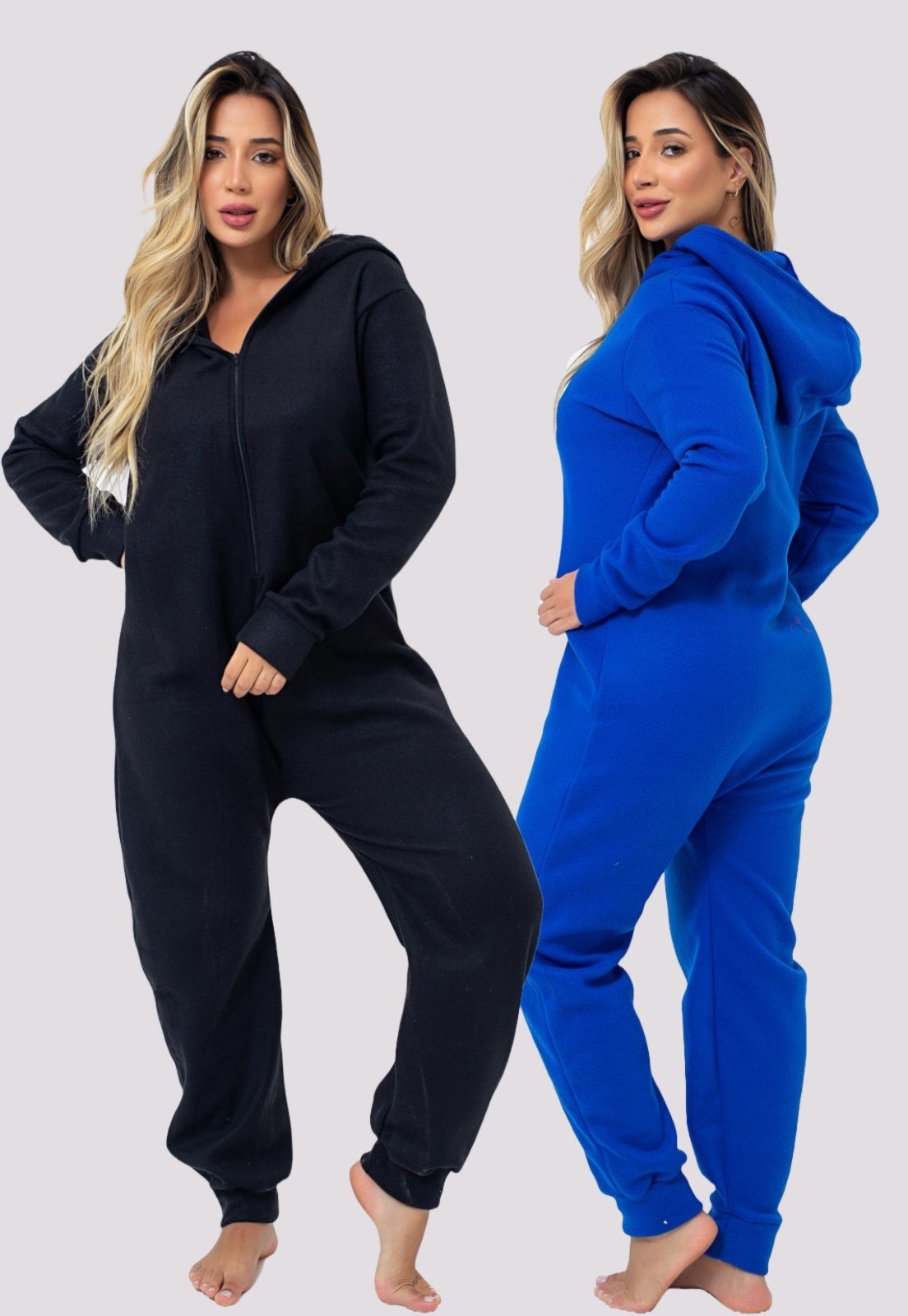 Kit 2 Pijamas Soft Feminino Adulto Mulheres Confortável Quentinho Conjunto Plush Roupa Inverno 4 Estações Preto e Azul Royal