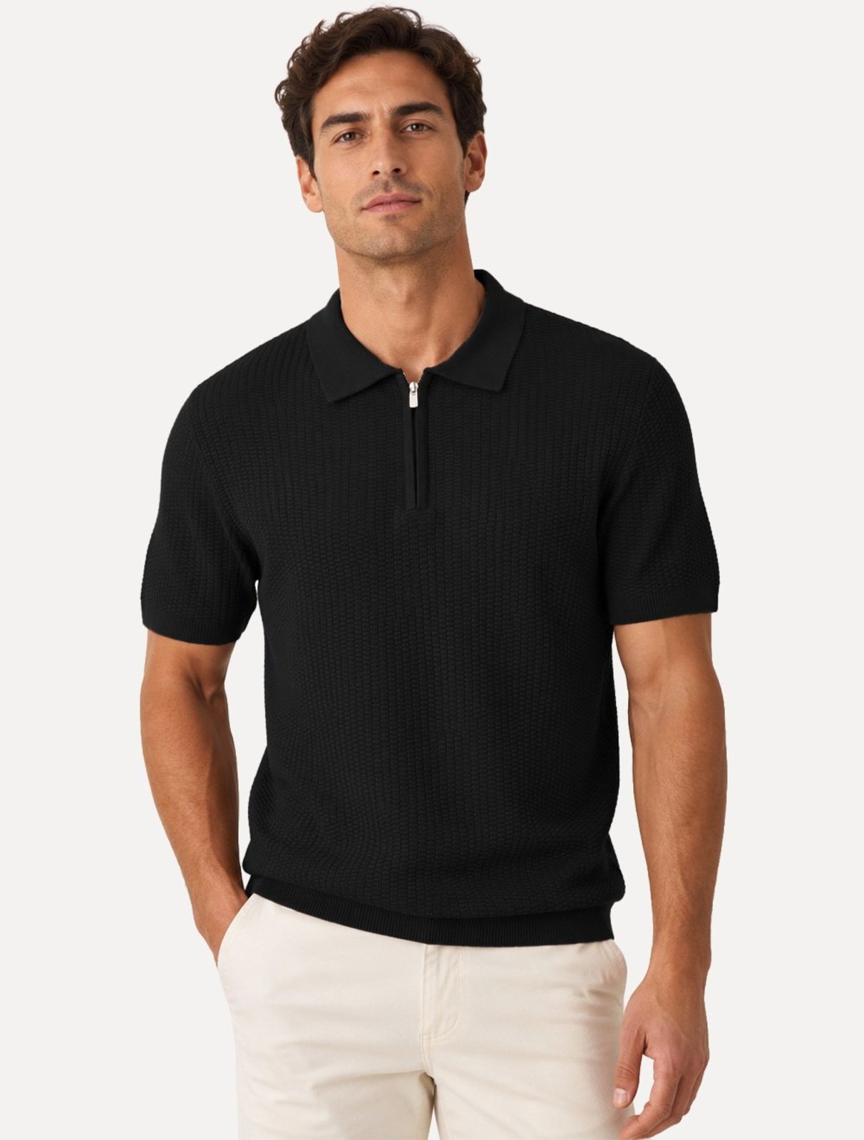 Polo Dixen Masculina Tricot Texturizada Manga Curta Ziper Preta