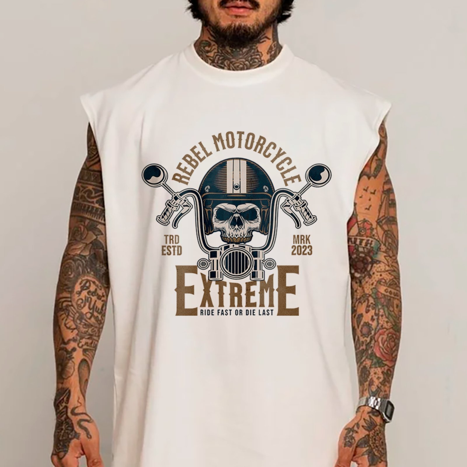 Camiseta Regata Machão Skull Motorcycle Extreme Style Branco