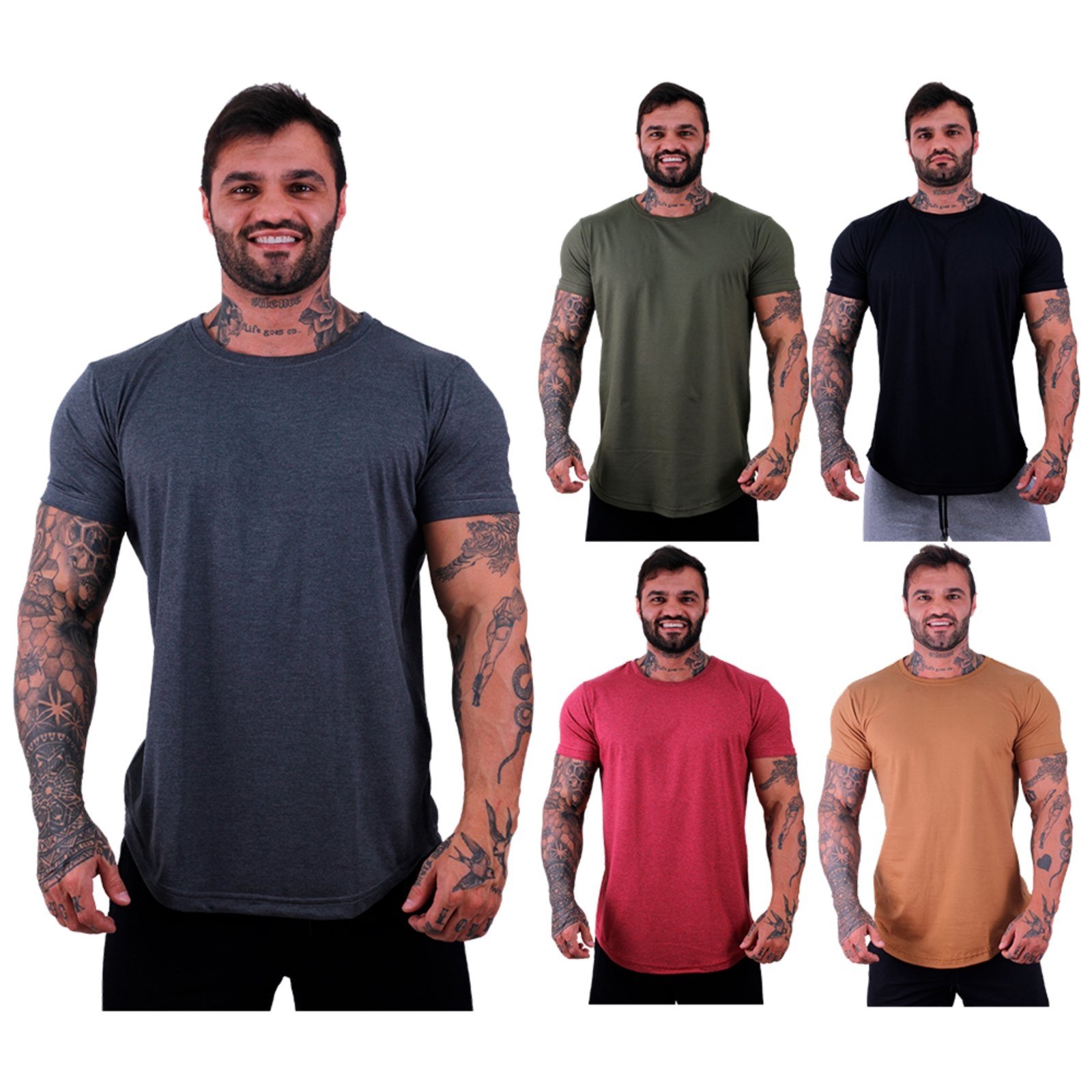 Kit 5 Camiseta Longline Masculina MXD Conceito para Academia e Casual Slim Grafite, Verde Militar, Preto, Mescla Vermelho e Caramelo