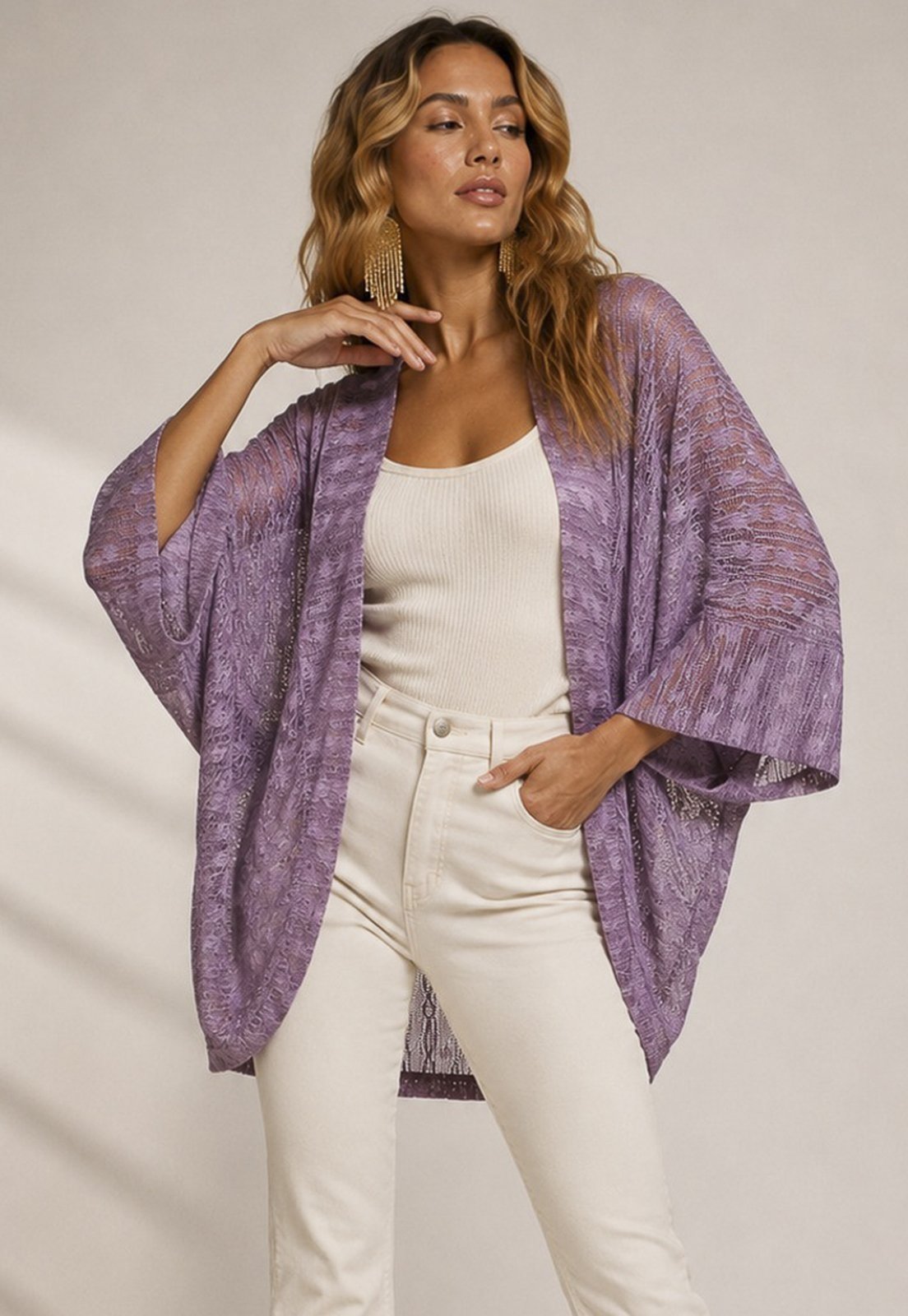 Kimono Amazonia Vital Ponto Tricot Manga Ampla Rosé