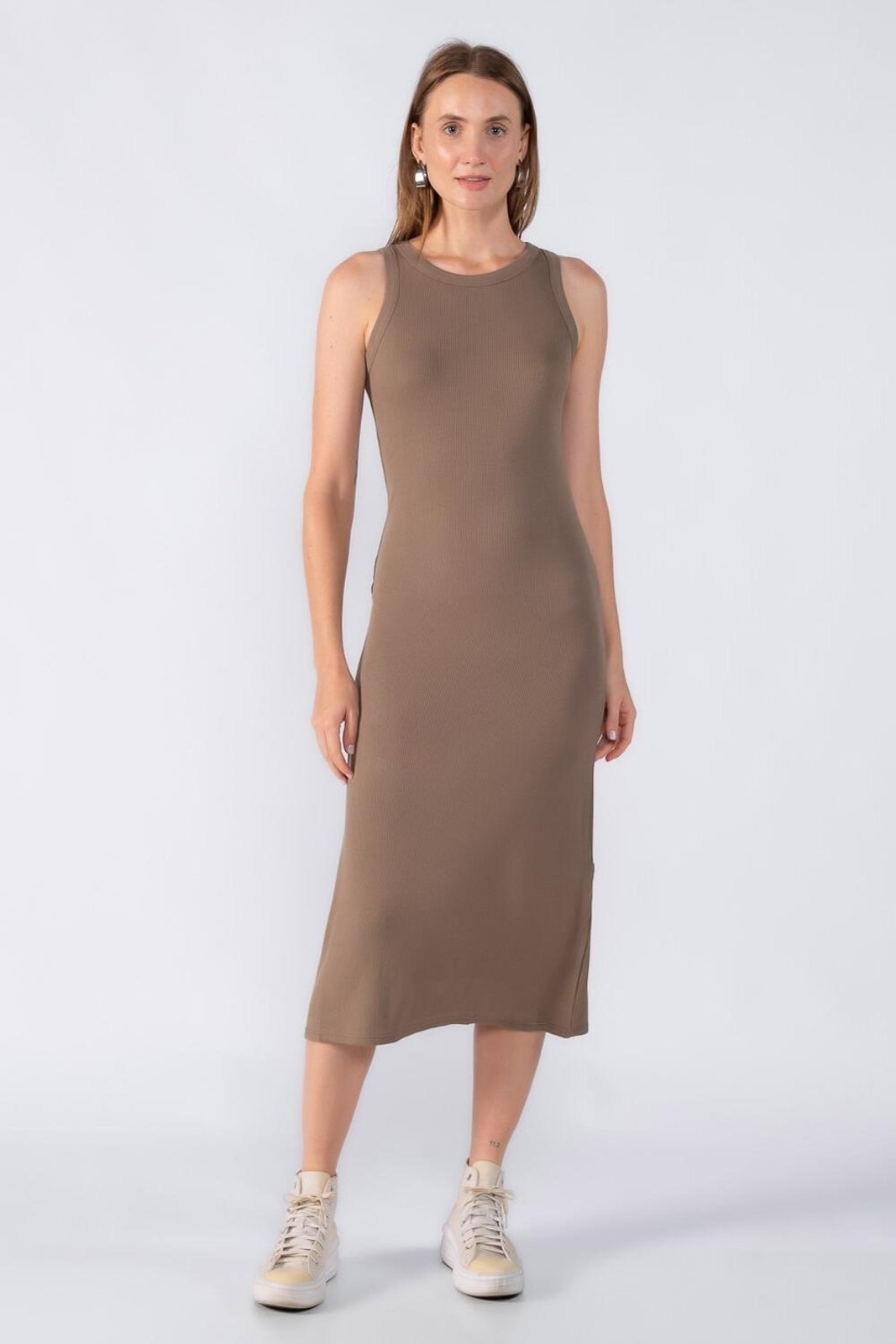 Vestido canelado regata Marrom