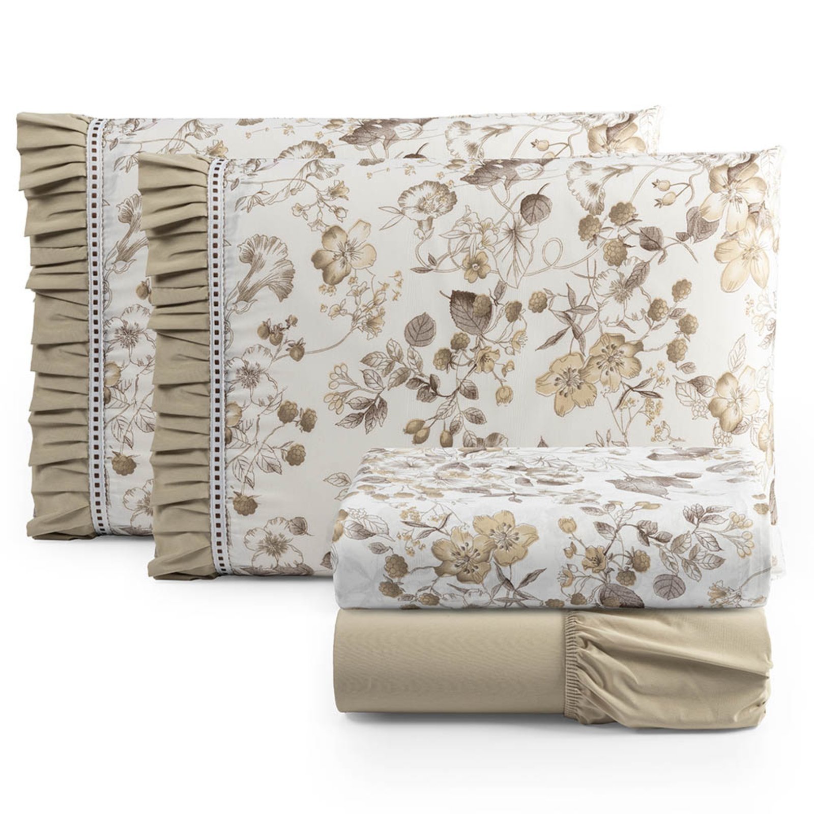 Jogo Cama Lençol Fiore Casa Scarpa Queen Estampado 180 Fios 100% Algodão com Babadinho 4 Peças Bege Floral