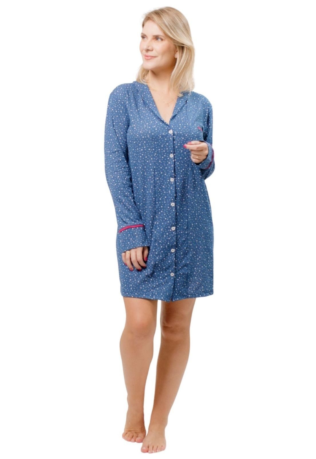 Camisola Algodão Feminina Americana com Botão Botões Manga Longa Inverno Adulto indicado Gestante Amamentação e Pós cirúgico – Azul Poá