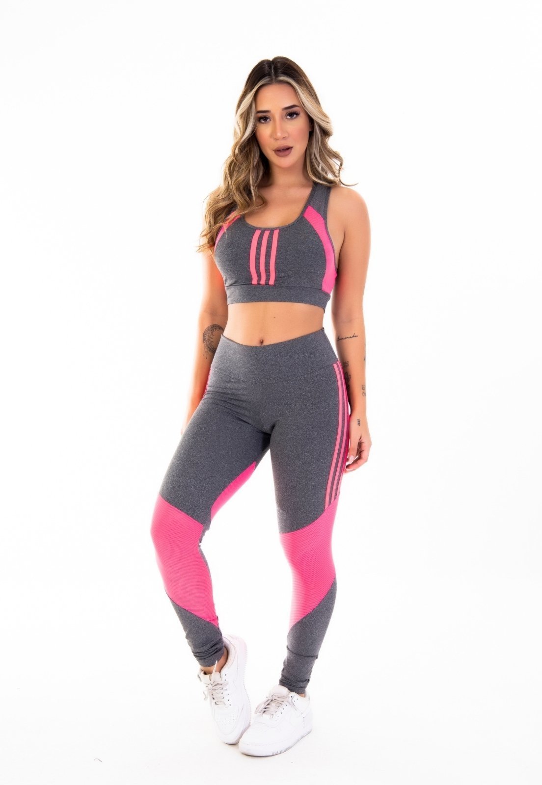 Conjunto Fitness Feminino CINZA MESCLA E ROSA Top Cropped Nadador Sem Bojo e Calça Legging Conforto Roupa de Academia Ginástica ROSA