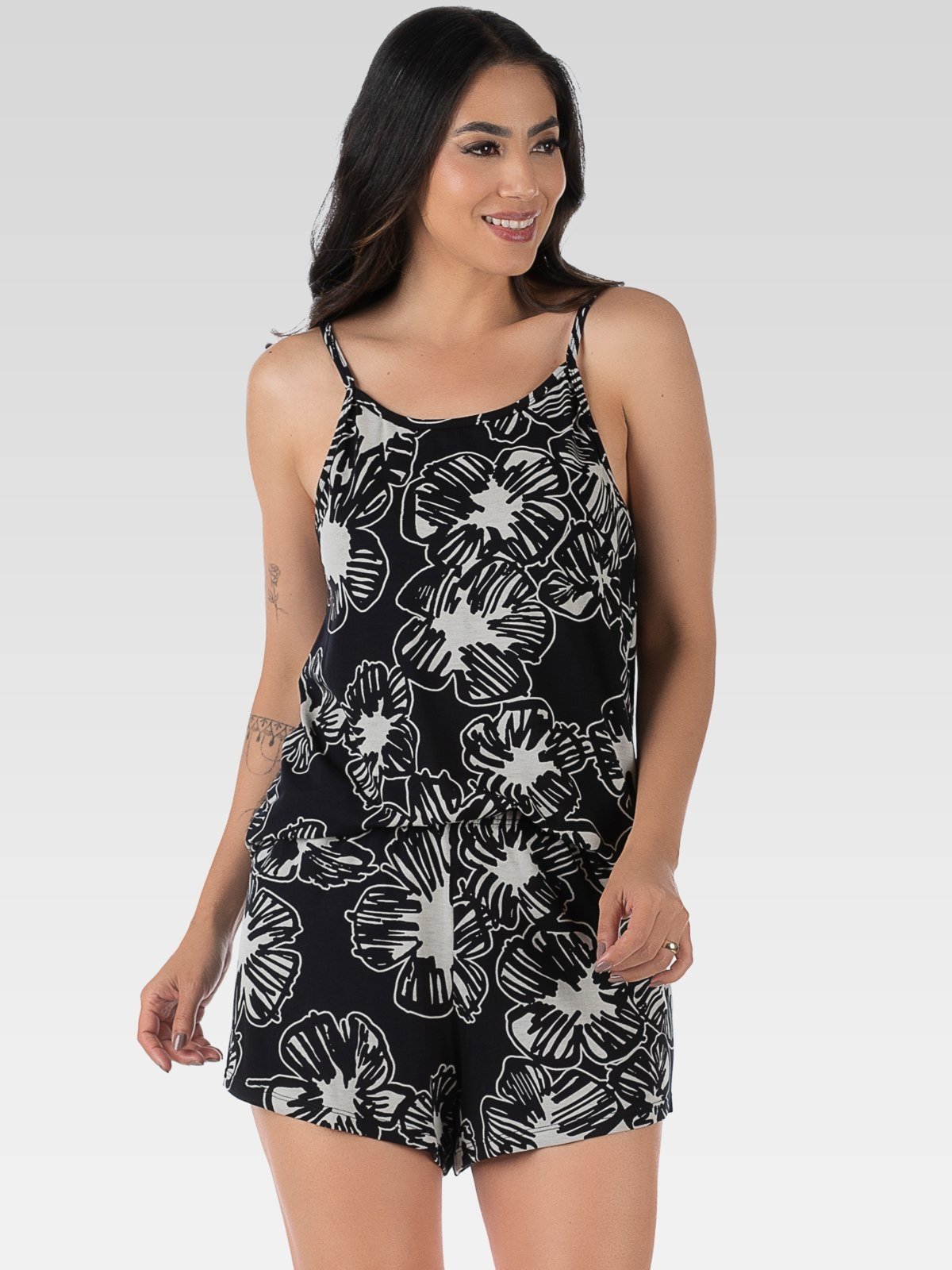 Short Doll Feminino Com Alça Summer Soul Estampado Preto