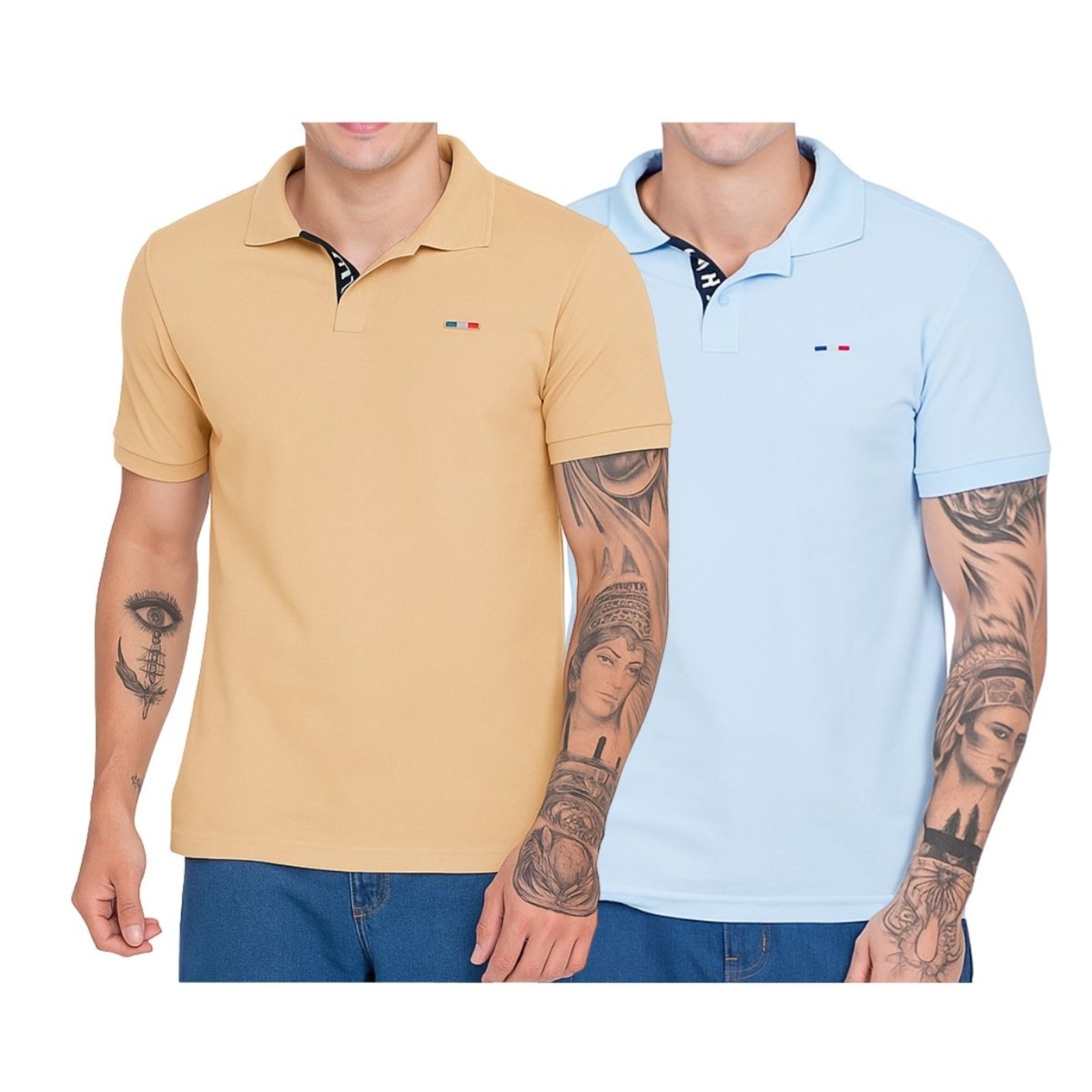 Kit 2 Polos Masculina Básicas FMF Bege Claro e Azul Piquet no Estilo Tommy Bordado França
