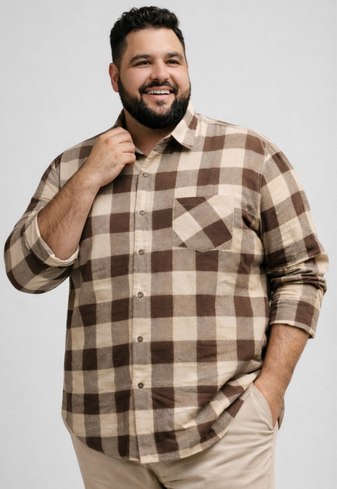 Camisa Xadrez Masculina Plus Size Manga Longa Daze Modas Bege Com Marrom