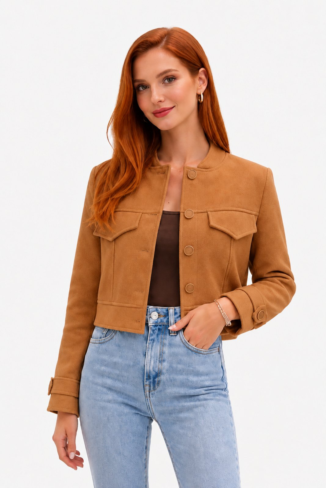 Jaqueta Cropped D Bell Outlet Fashion Lã Batida Caramelo