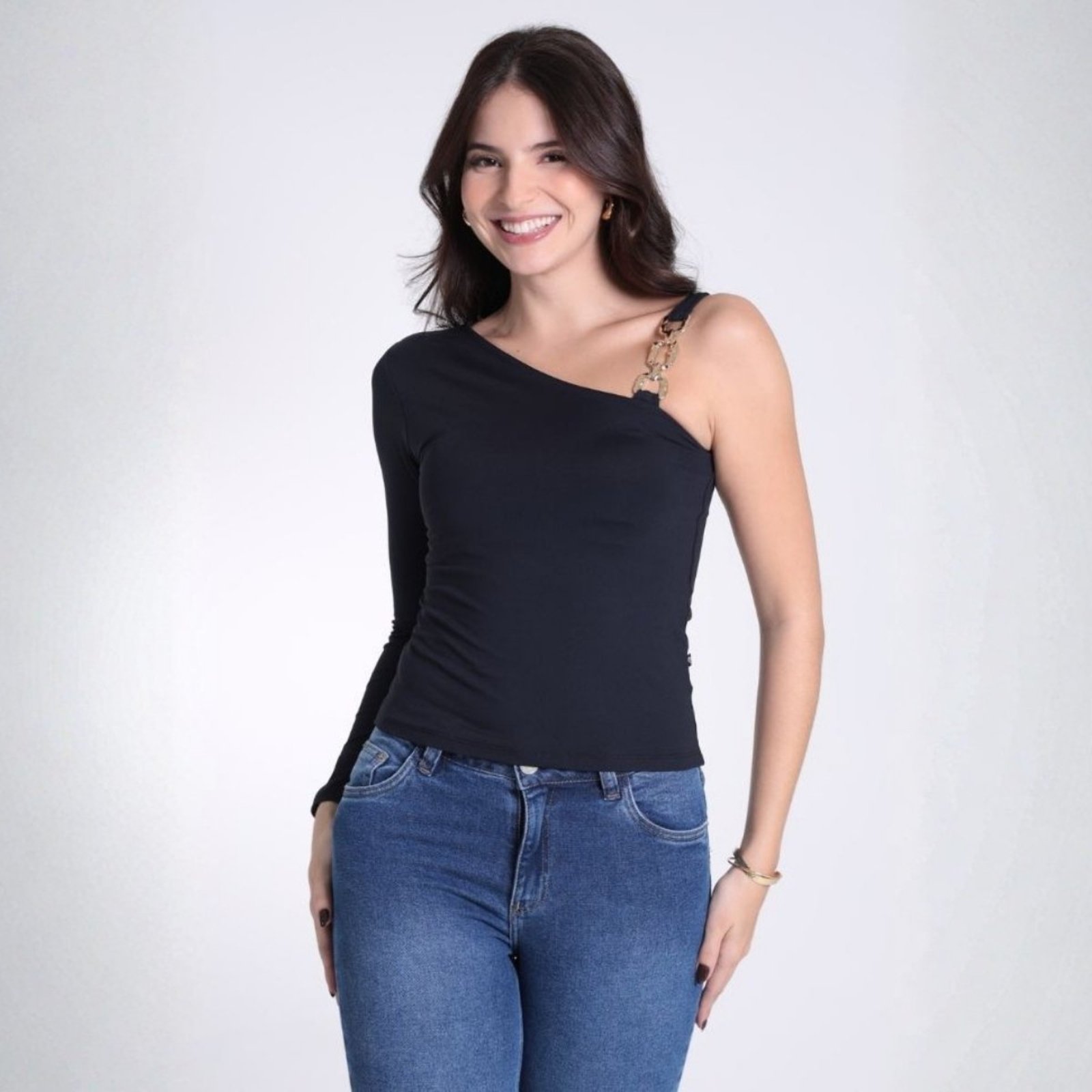 Blusa Ombro Só Manga Longa com Acessório Feminina Revanche Lorena