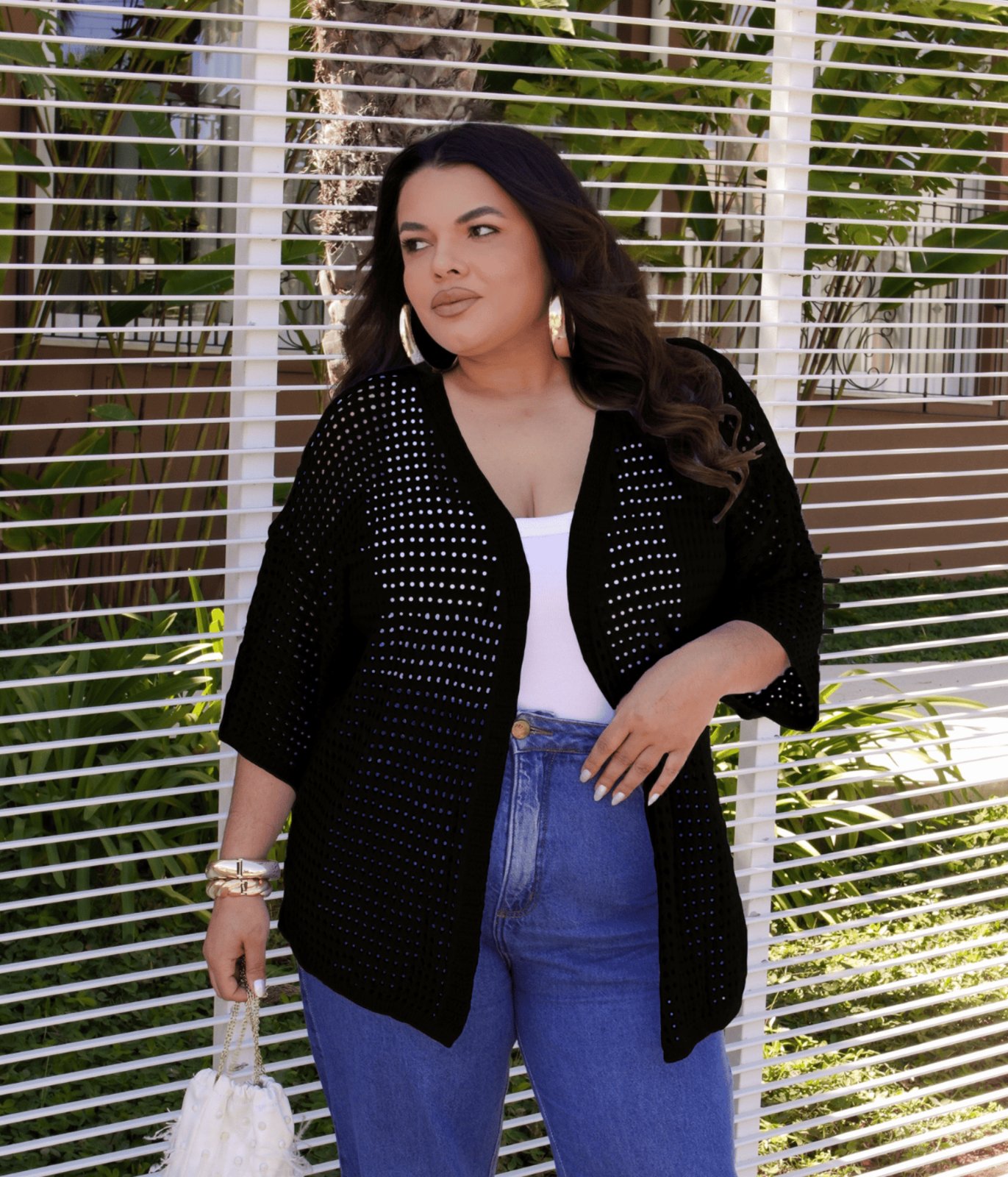 Casaco Cherry Line Kimono Vazado Plus Size Aberto Leve Manga Três Quartos Verão Tricot Preto