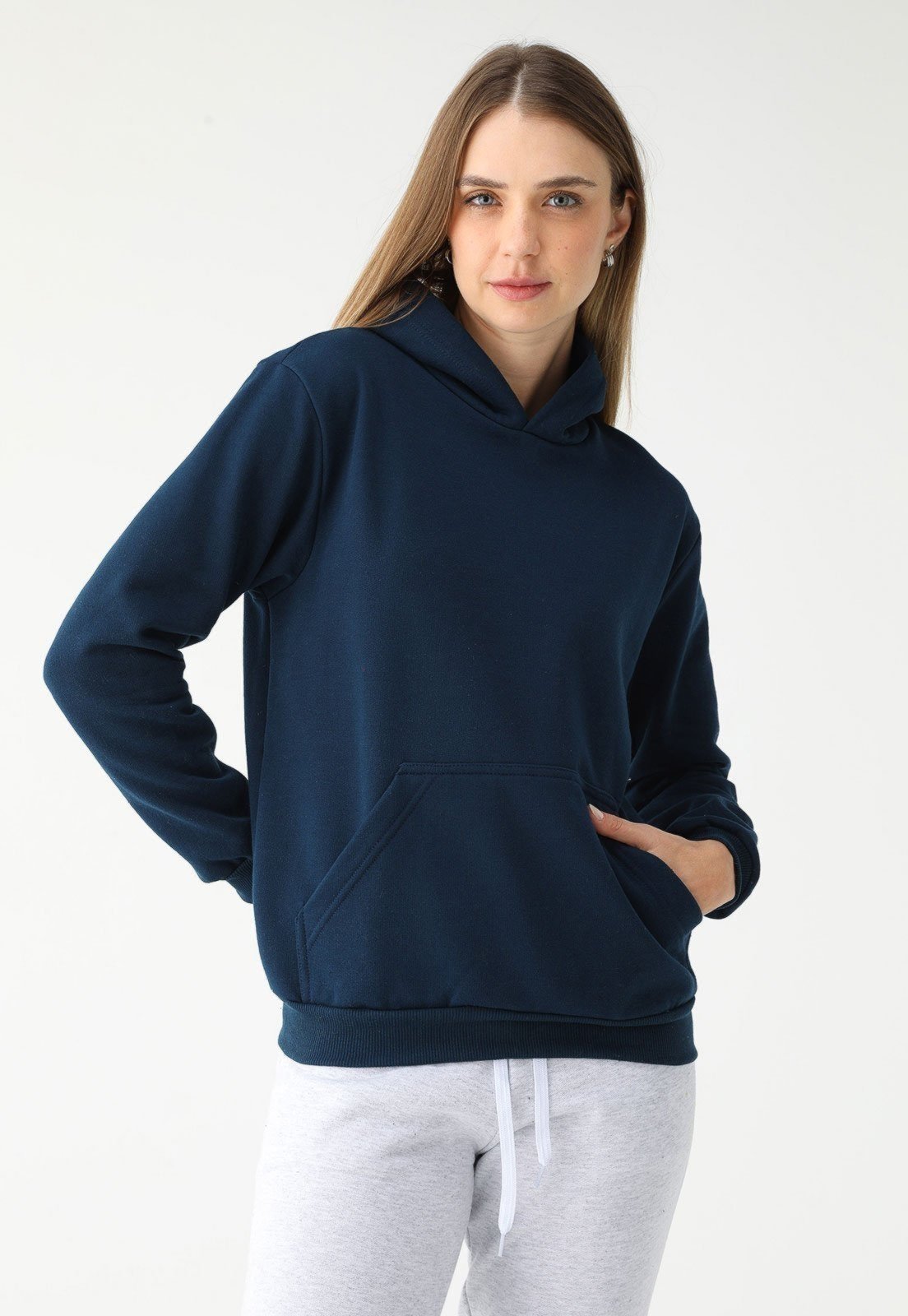 Vista 2 Blusa de Frio Moletom Feminino Flanelado Benellys Liso Canguru Marinho azul marinho Benellys azul marinho