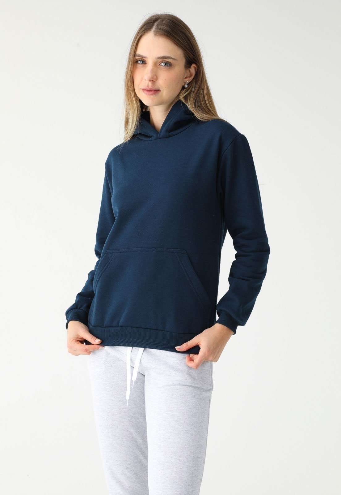 Vista 3 Blusa de Frio Moletom Feminino Flanelado Benellys Liso Canguru Marinho azul marinho Benellys azul marinho