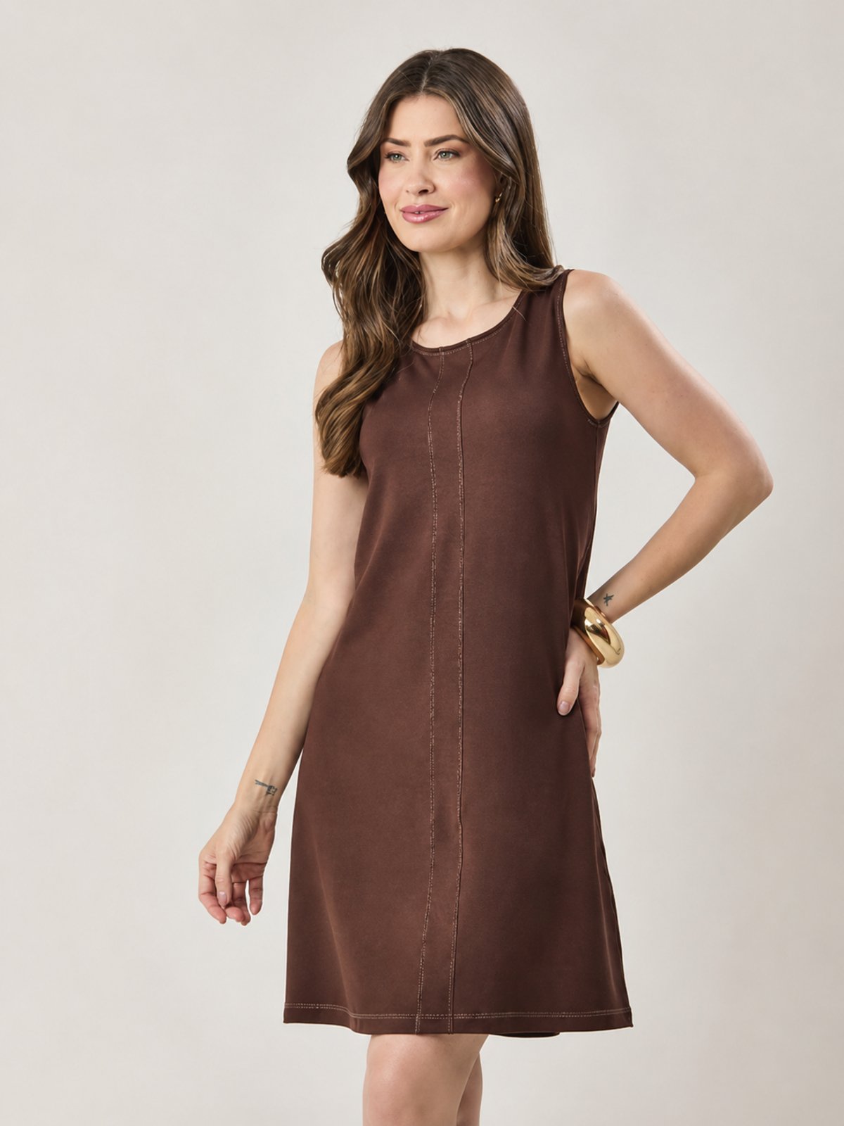 Vestido Detalhe Pesponto Marrom - Paloma Concept Malhas- 1922