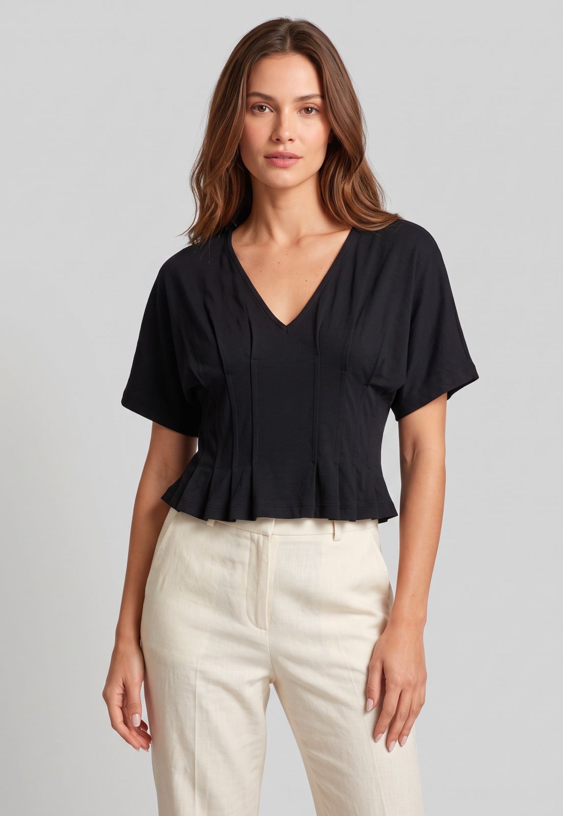 Blusa Feminina Cantão Decote V Pregas Preta