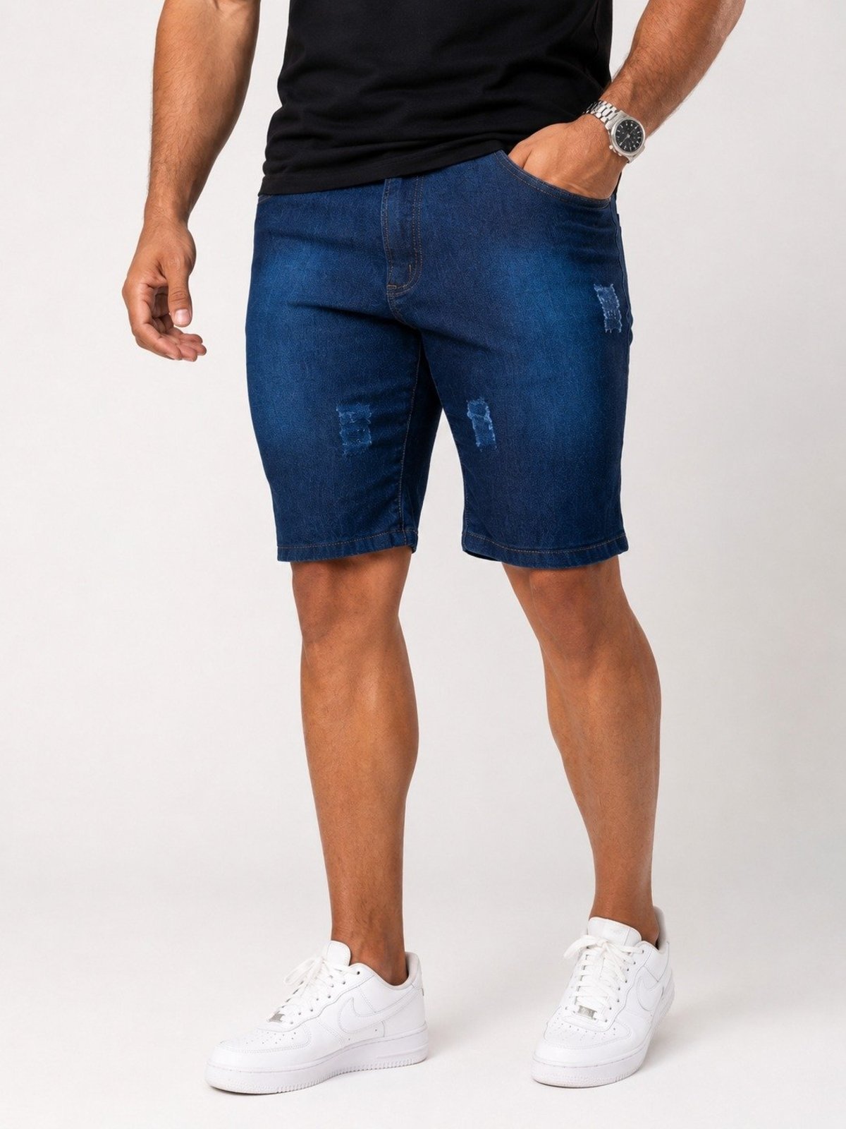 Bermuda Jeans Purple Jeans Masculina Slim Destroyed Azul Escura Premium