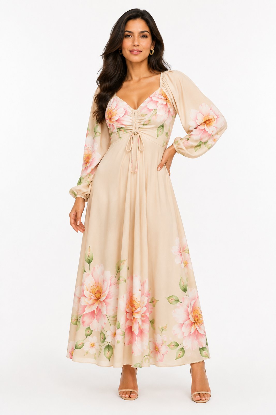 Vestido Longo D Bell Outlet Manga Longa Floral Nude