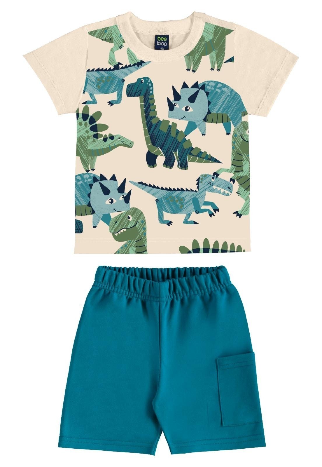 Infantil - Conjunto Camiseta Dino Bermuda Bee Loop Bege