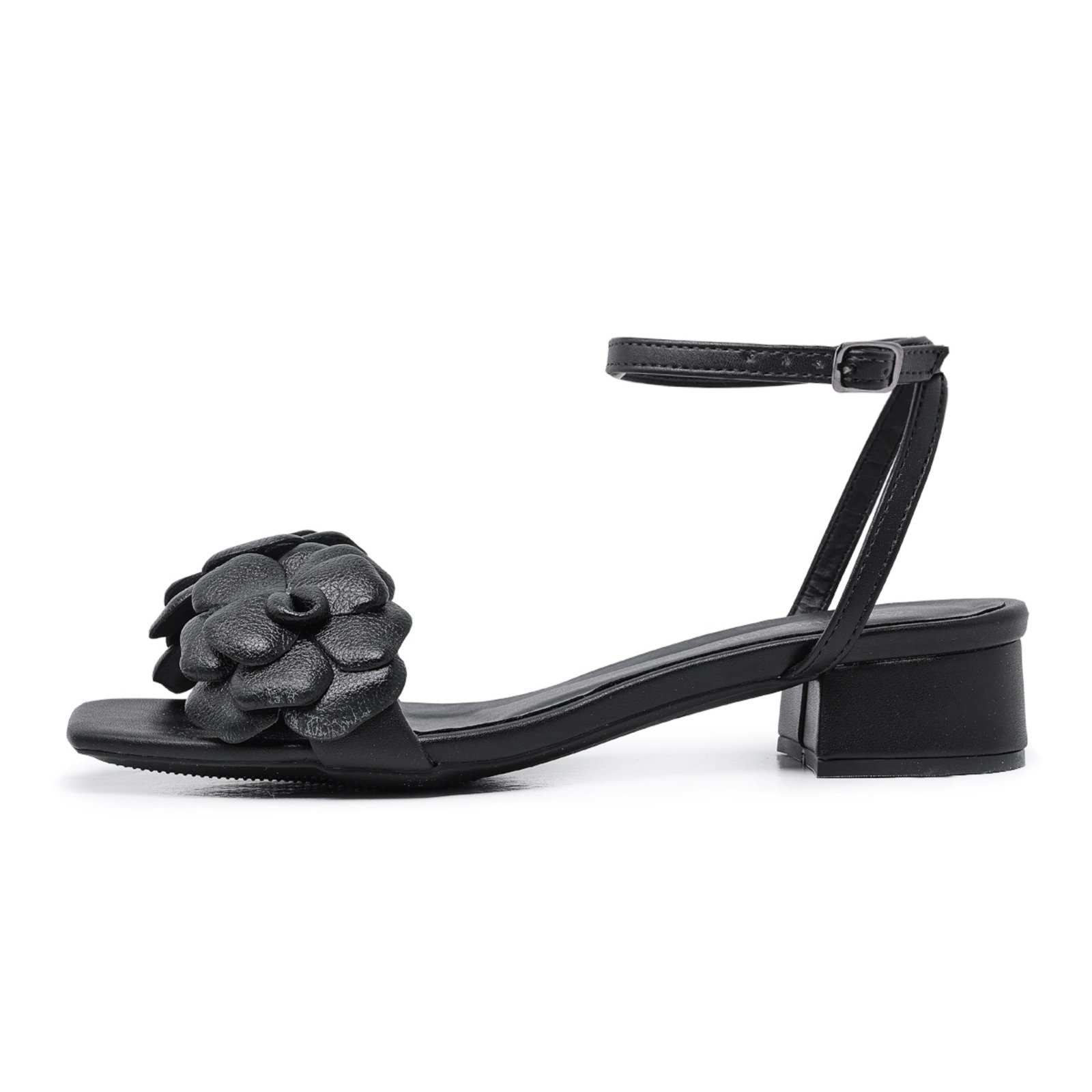 Sandália LeRUCHEL Bico Quadrado Flor Salto Baixo Preto