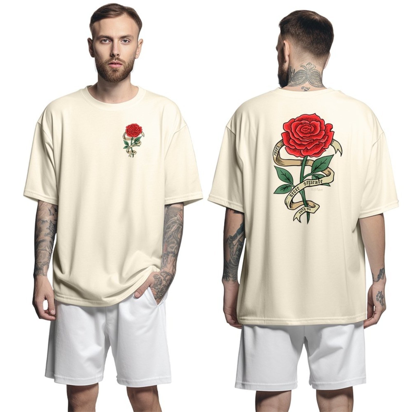 Camiseta Oversized Streetwear Genuine Grit Masculina Larga 100% Algodão 30.1 Roses Never Separate – Bege – P