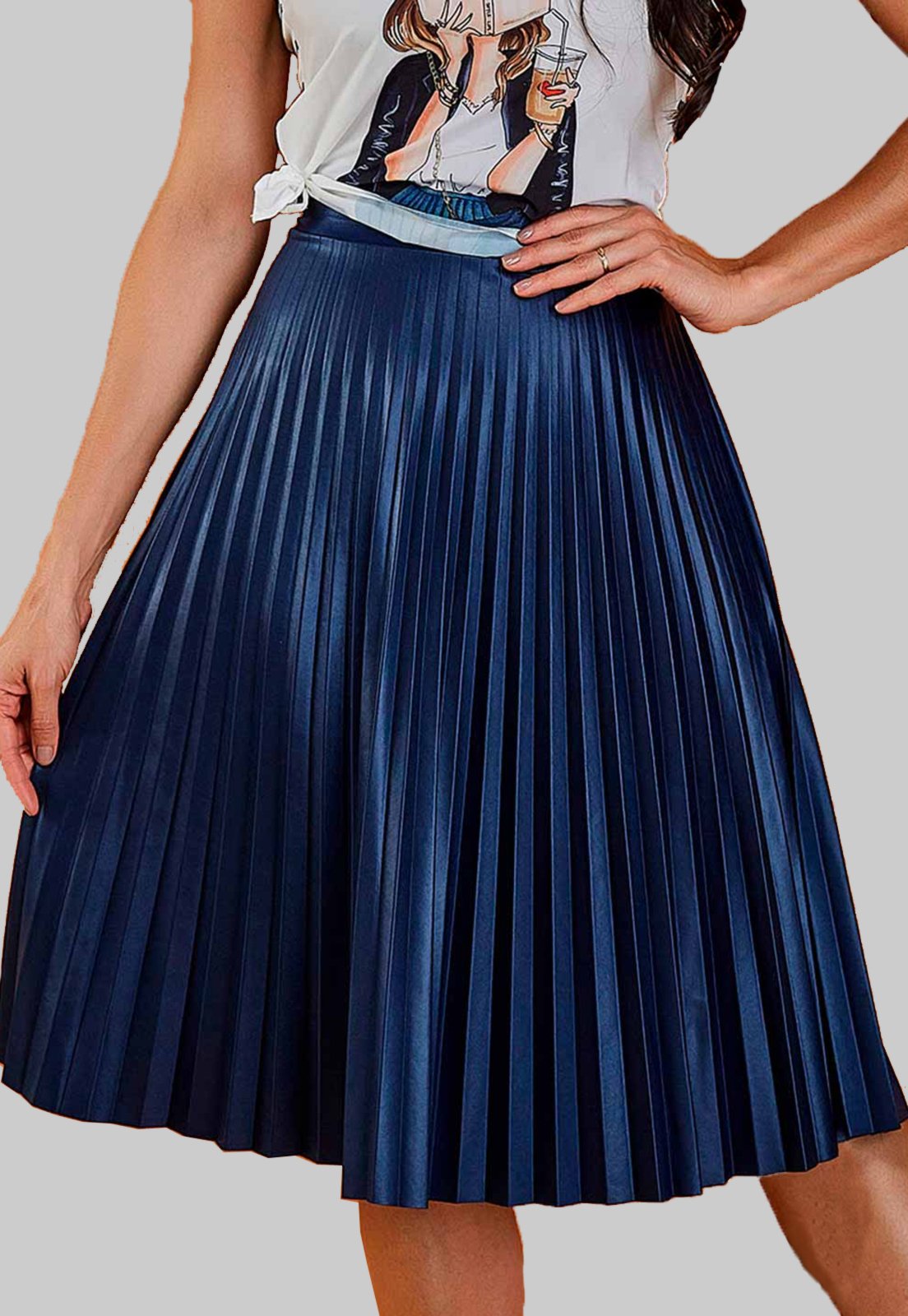 Saia Midi Plissada Urbania Cirrê azul marinho Moda Evangélica azul escuro