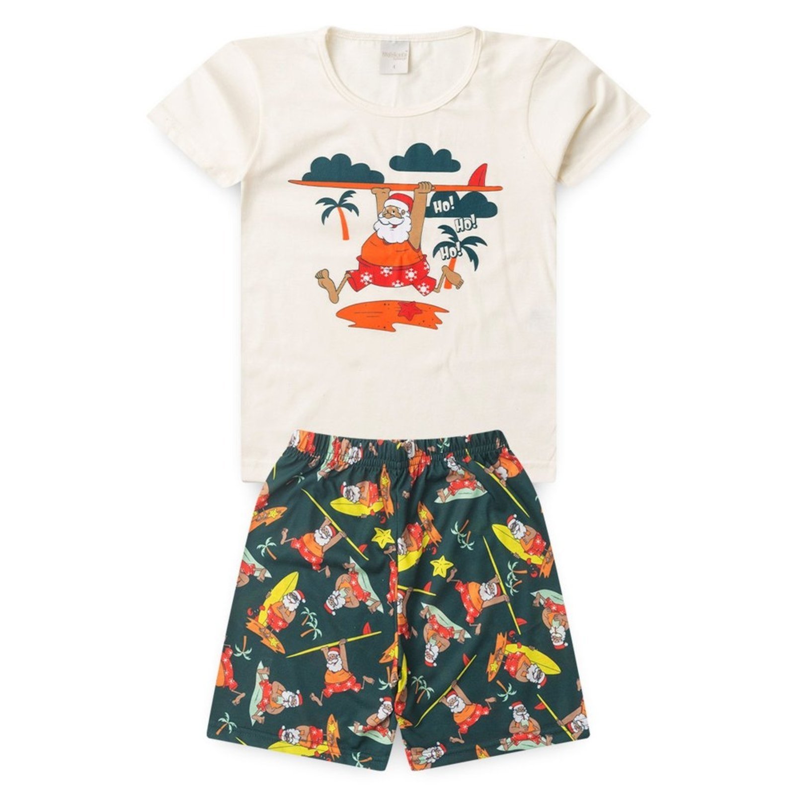 Vista 3 Pijama Natal Verão Menino Natural Camiseta e Bermuda Papai Noel Surfista Molekada bege natural Molekada bege natural