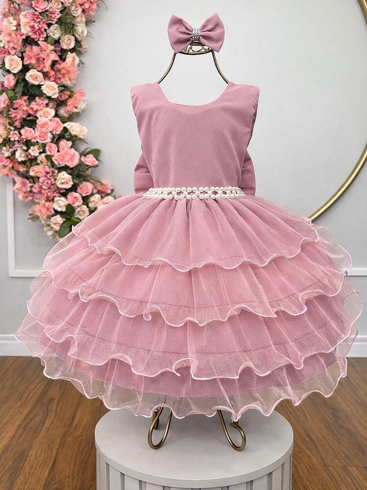 Infantil - Vestido Festa Rosa Rosé Nude Amêndoa Brilho Formatura Casamento Dama Daminha Social Menina Juvenil Pérolas Juvenil Princesa Rodado Florista Aniversário Luxo