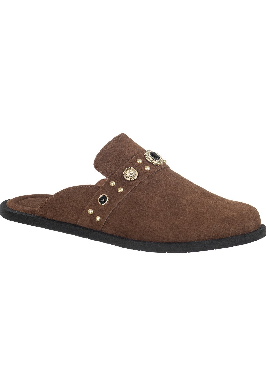 Sandália Feminina GiGiL Mule Clog Camurça Tachas Metalizadas Conforto Casual Caramelo