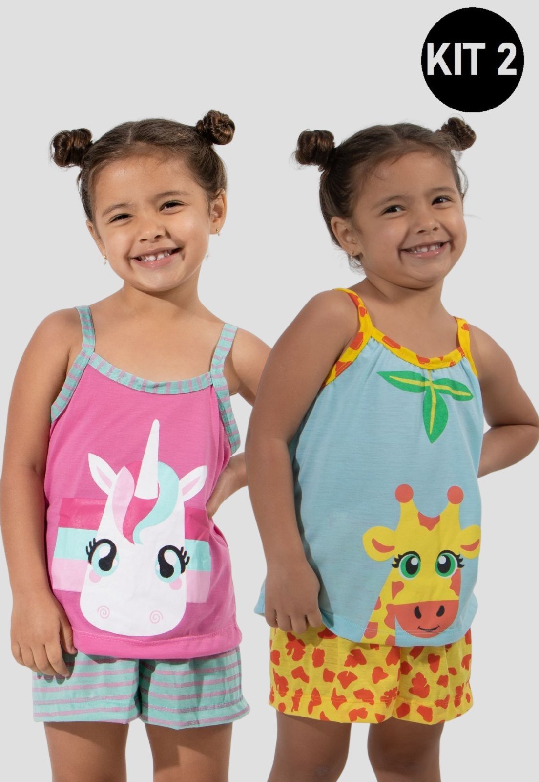 Kit 2 Baby Doll 4 Estações Pijama Feminino Curto Estampa Unicórnio e Girafa