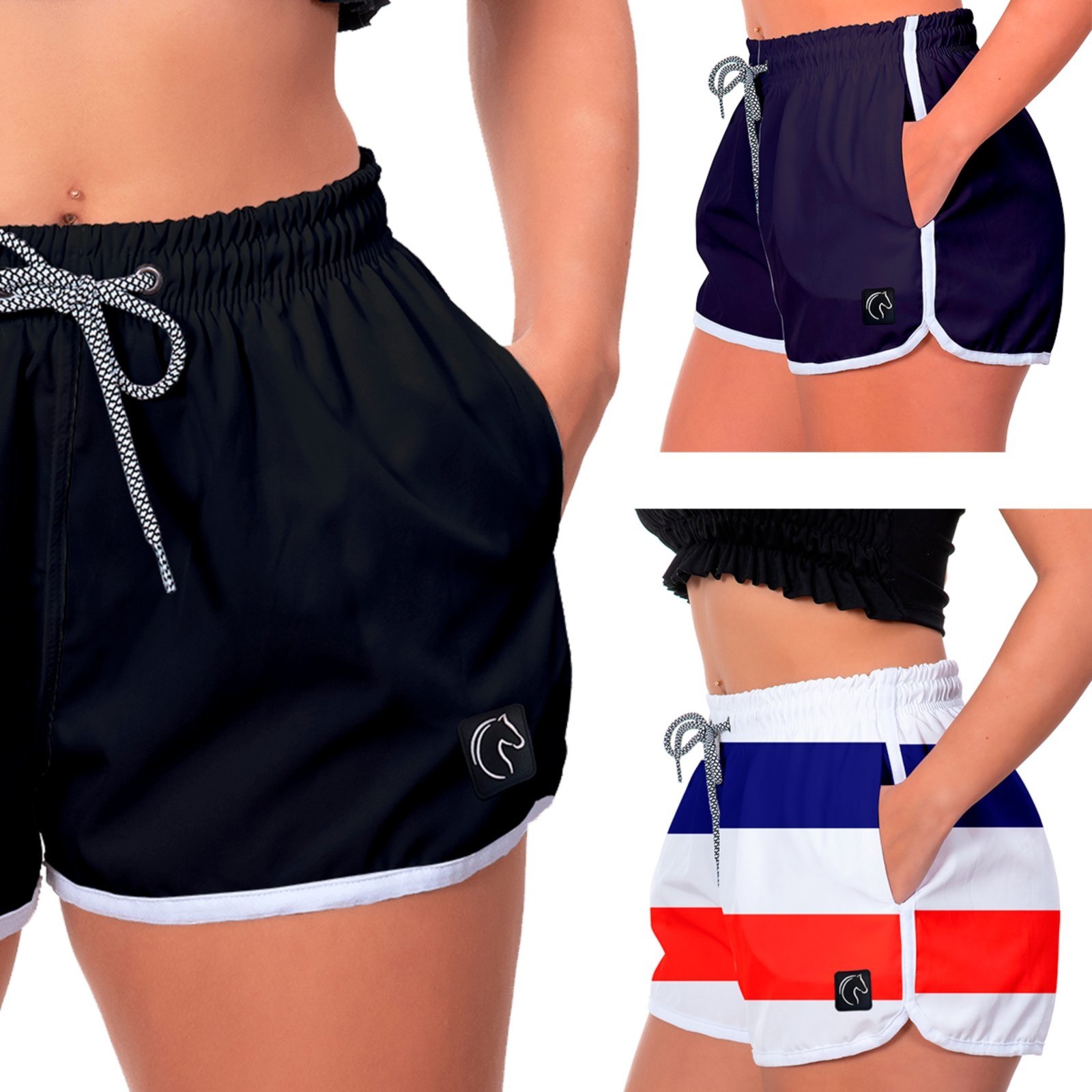 Kit 3 Shorts Feminino Premium Secagem Rápida com Elástico Cordão Ajustável e Bolsos Moda Praia Casual ou Treino Academia Preto, Azul Marinho e Branco,Azul e Vermelho