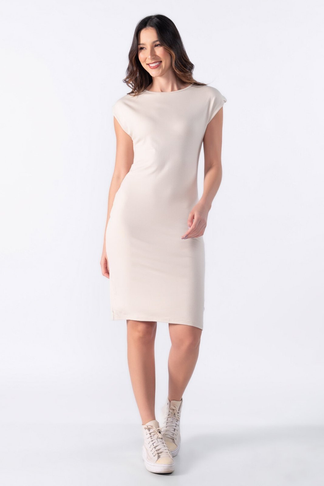 Vestido midi manga muscle Bege
