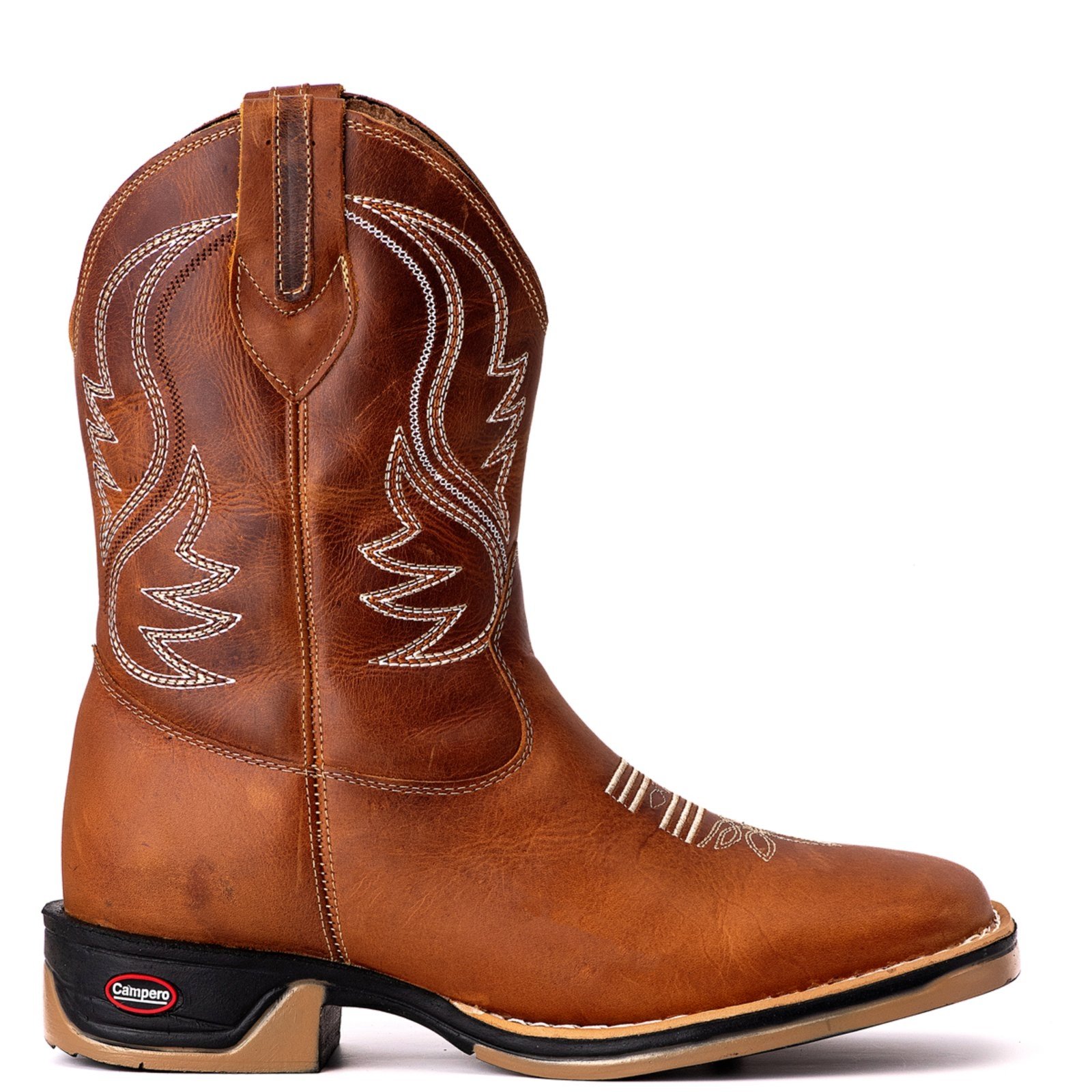 Bota Couro Campero Texana Bordada Classica Country Mostarda