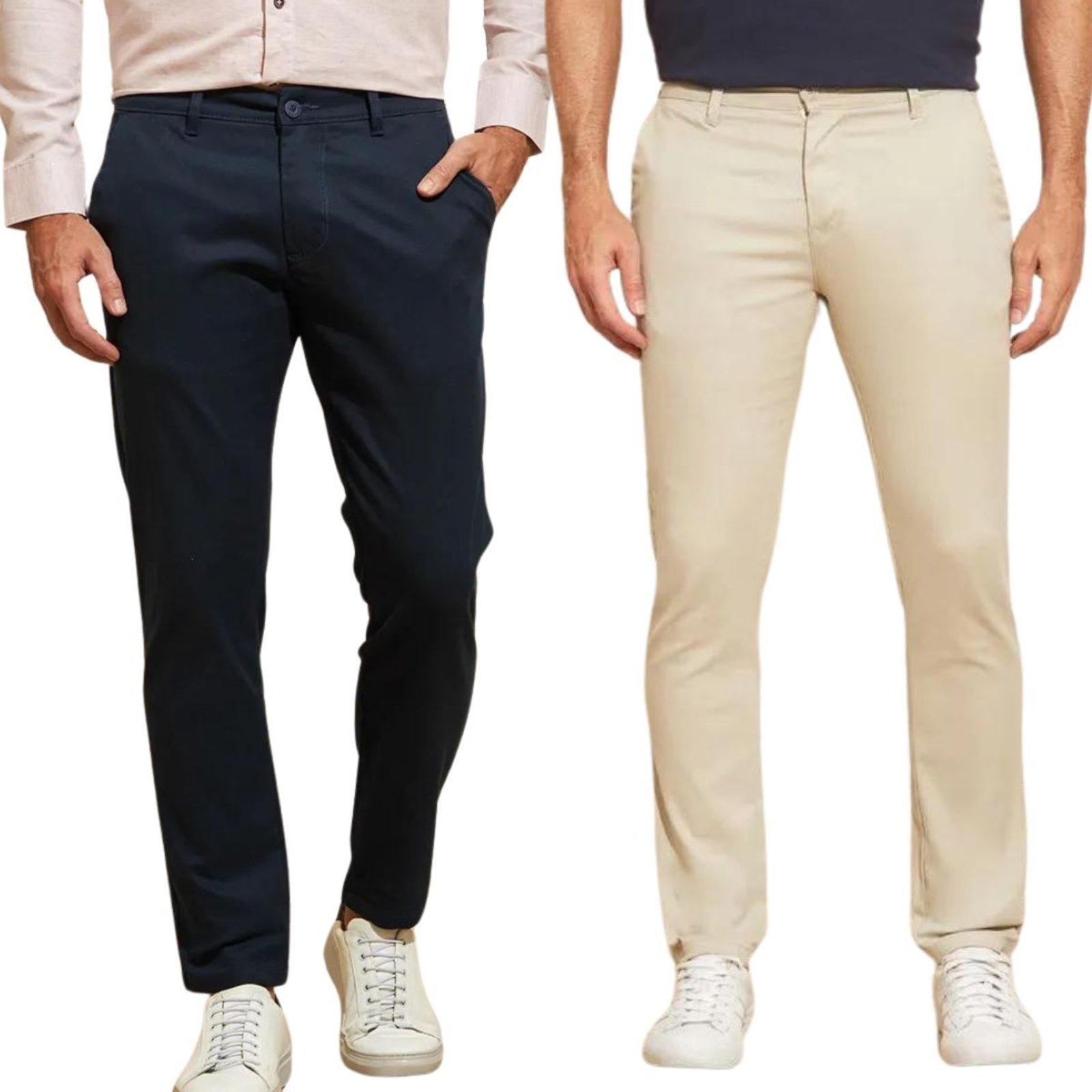 Kit 2 Calças FMF de Sarja Chino Com Bolso Traseiro Embutido Alfaiataria Skinny Marinho e Areia