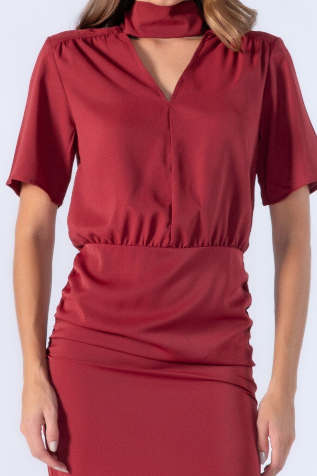 Vestido midi Lamis franzido decotado Vinho