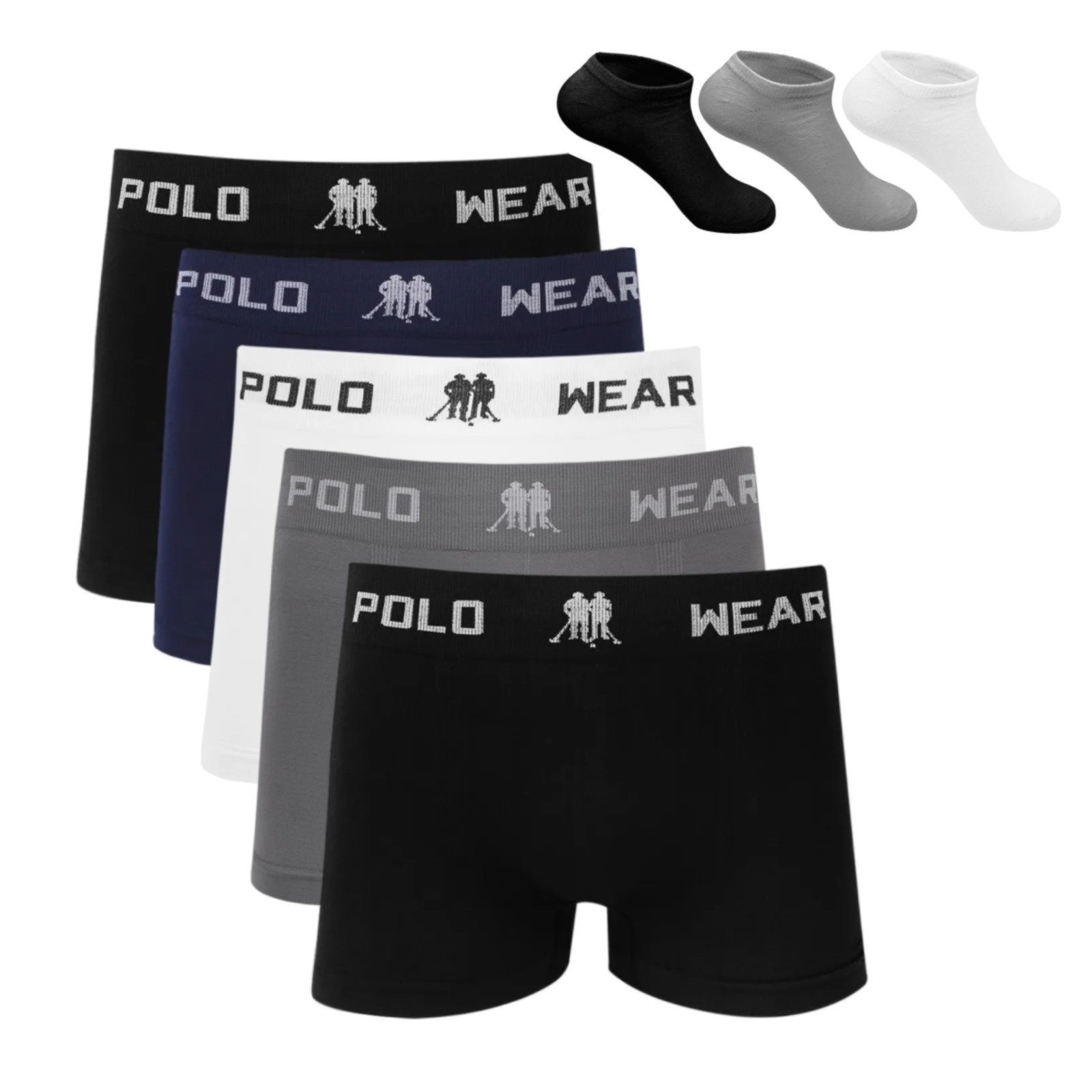 Kit 5 Cueca Boxer Polo Wear Microfibra Sortido + 3 Meias M4 Colorido