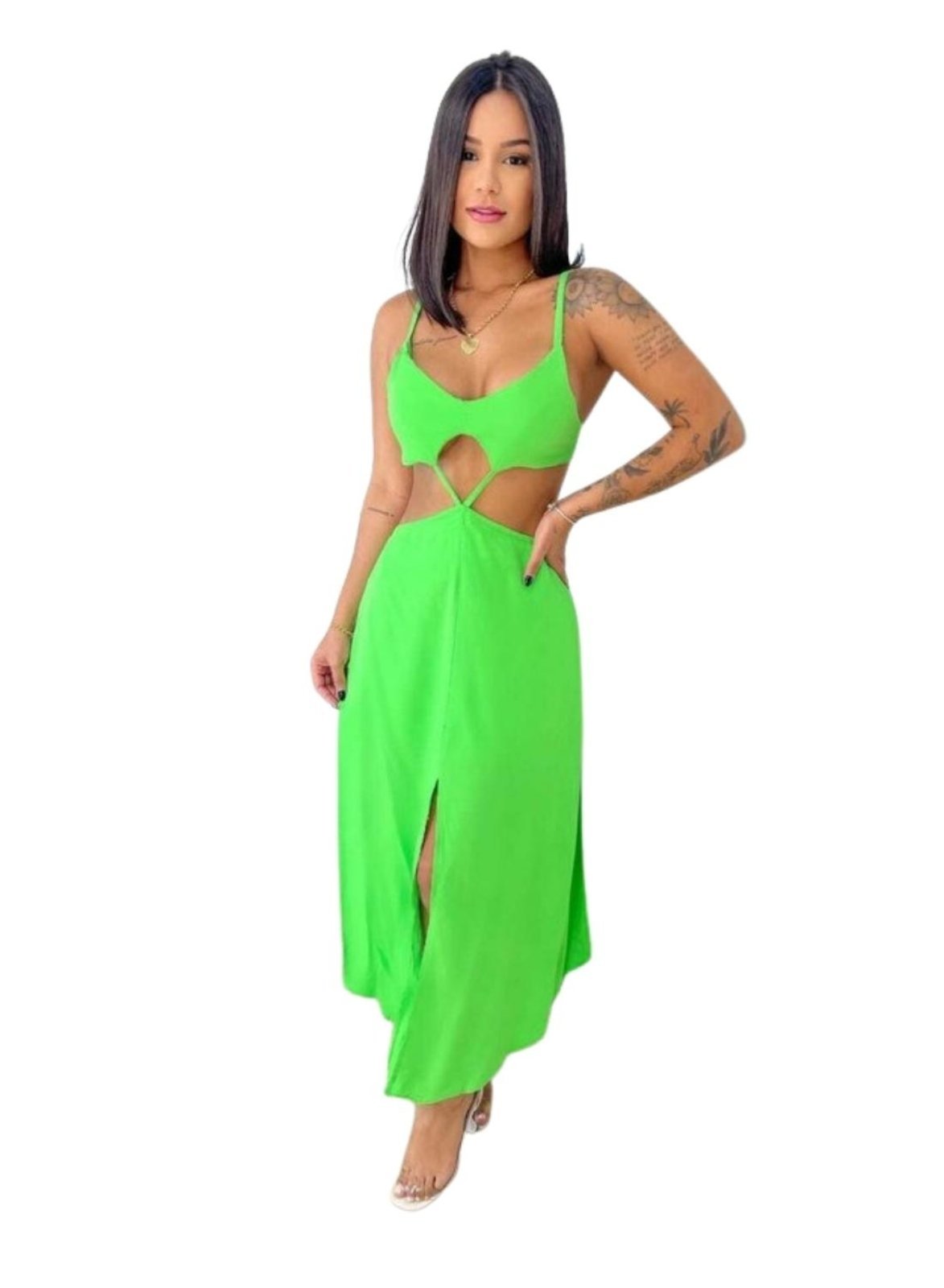 Vestido Midi Viscose Abertura Laço Amarração Verde